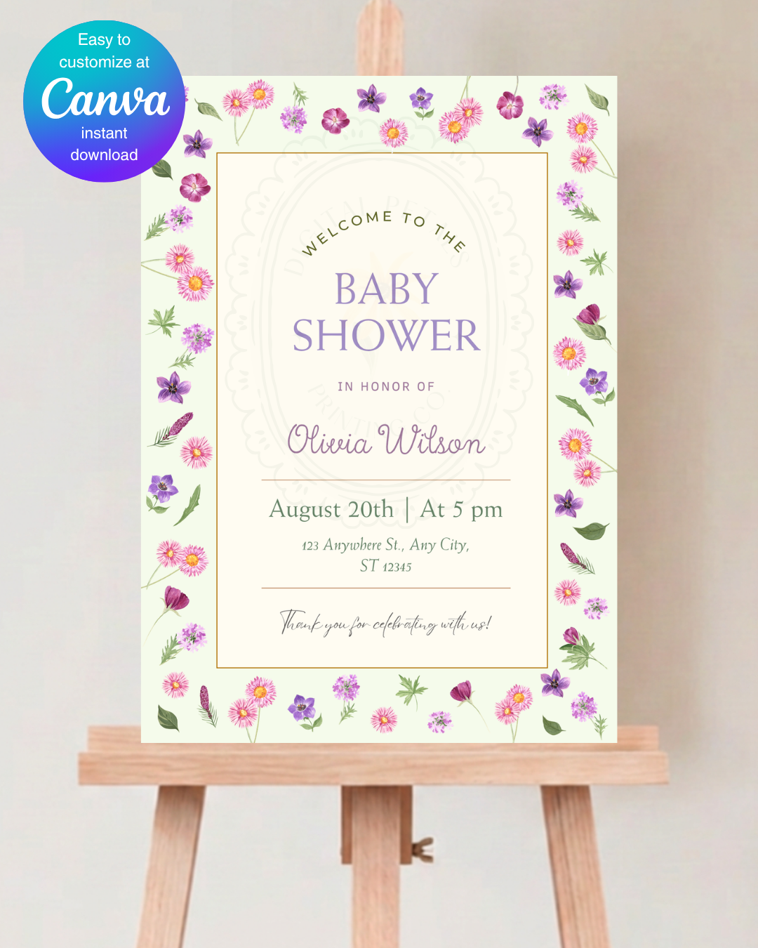 Spring Garden Wildflowers Baby Shower Welcome Sign Template | Editable Canva Digital Download