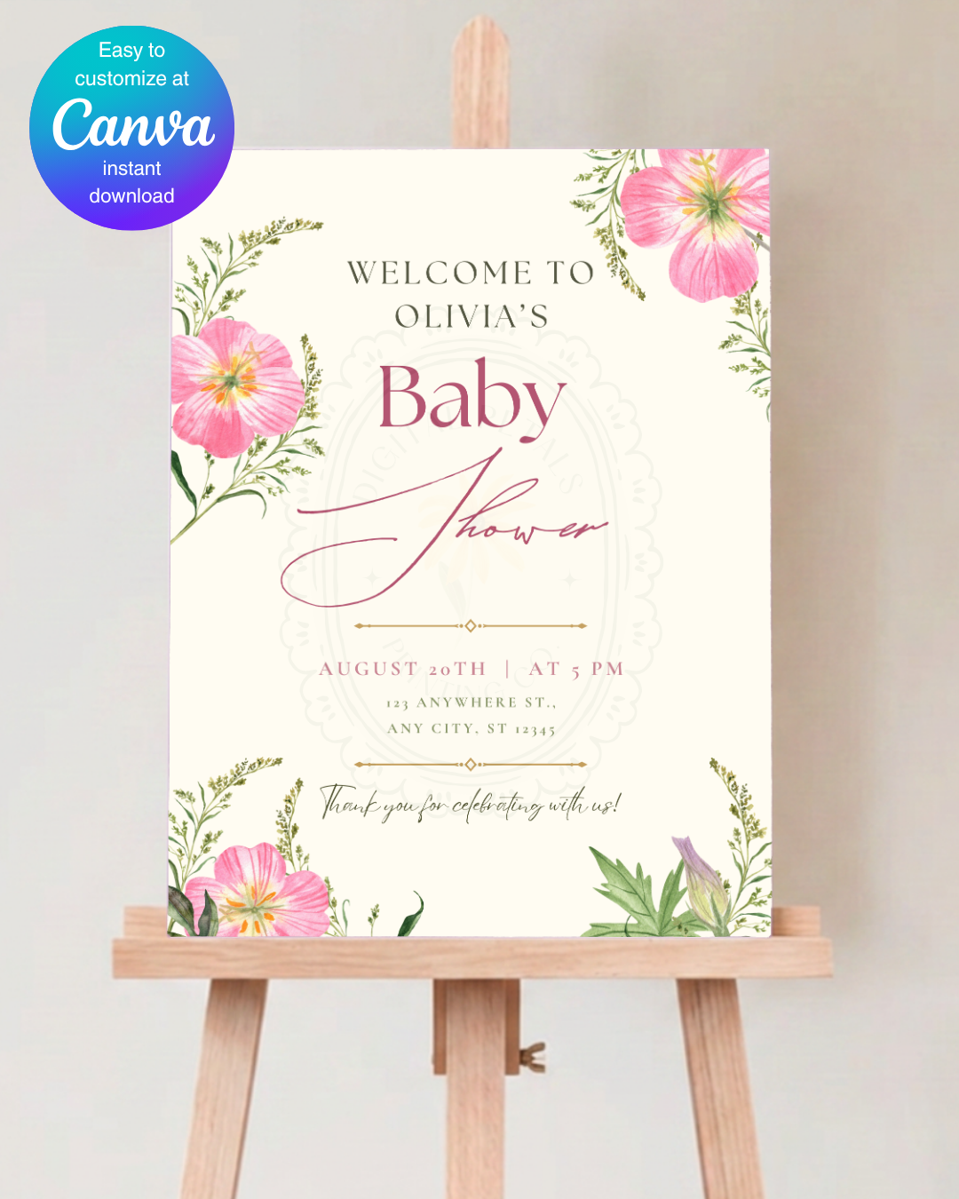 Dusty Rose & Blush Pink Wildflower Baby Shower Welcome Sign | Editable Canva Template | Digital Download