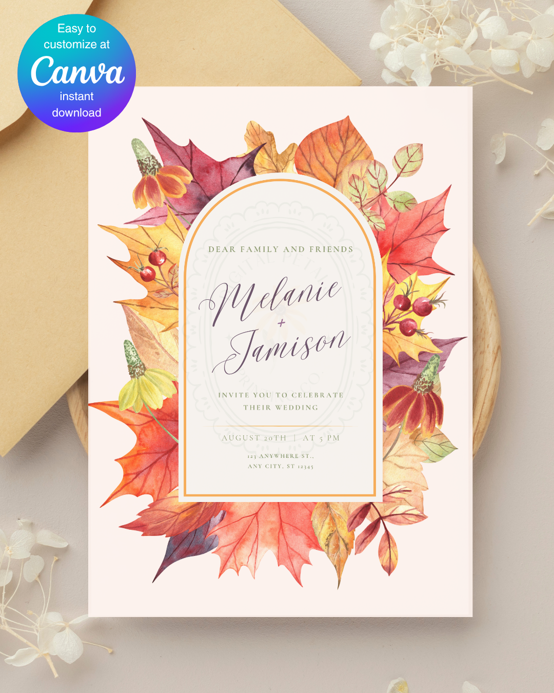 Fall Wedding Invitation Printable | Autumn Harvest Wildflower Boho Wedding Invite | Digital Download