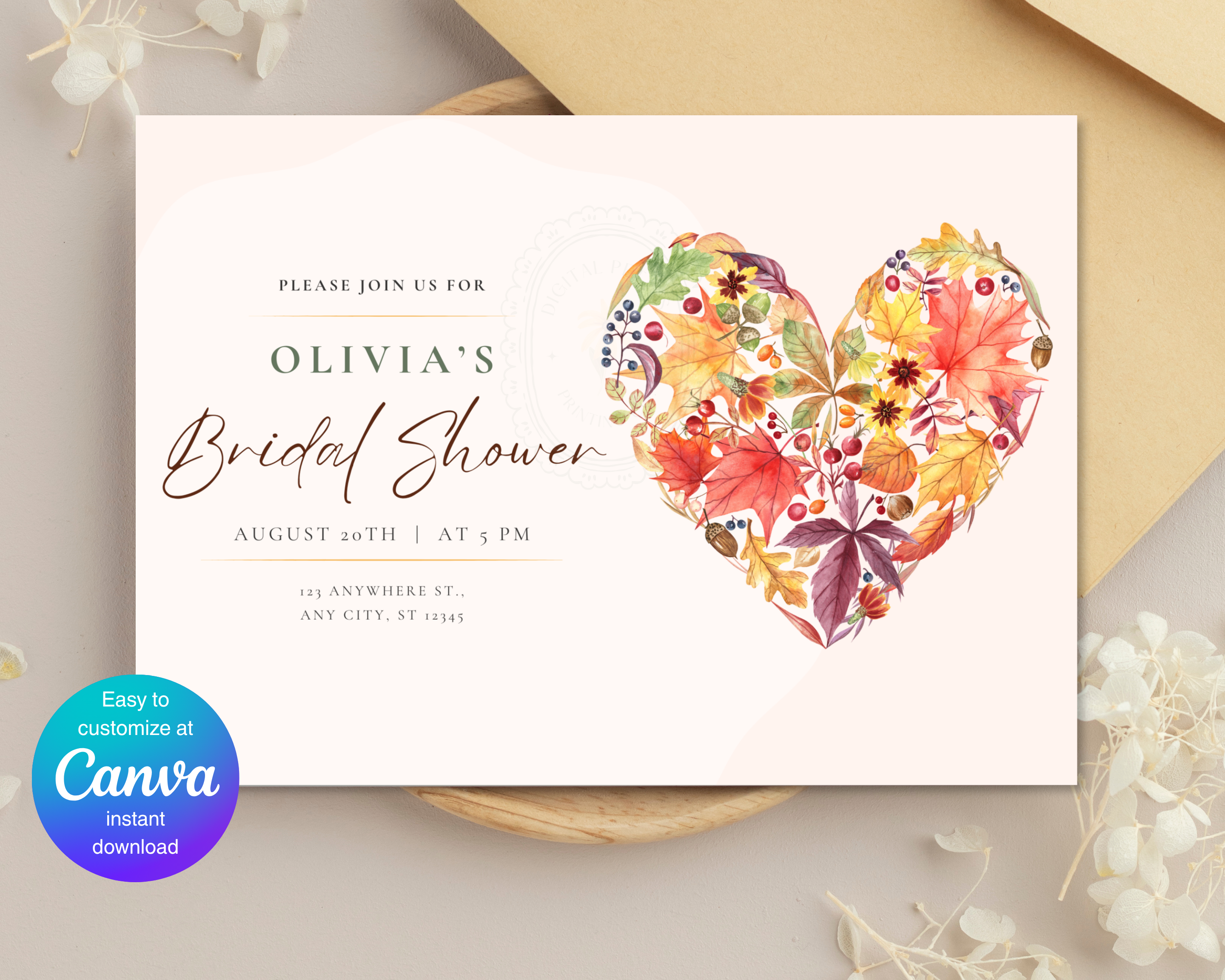 Amber Fall Heart Bridal Shower Invitation | Printable Landscape Template | Digital Download