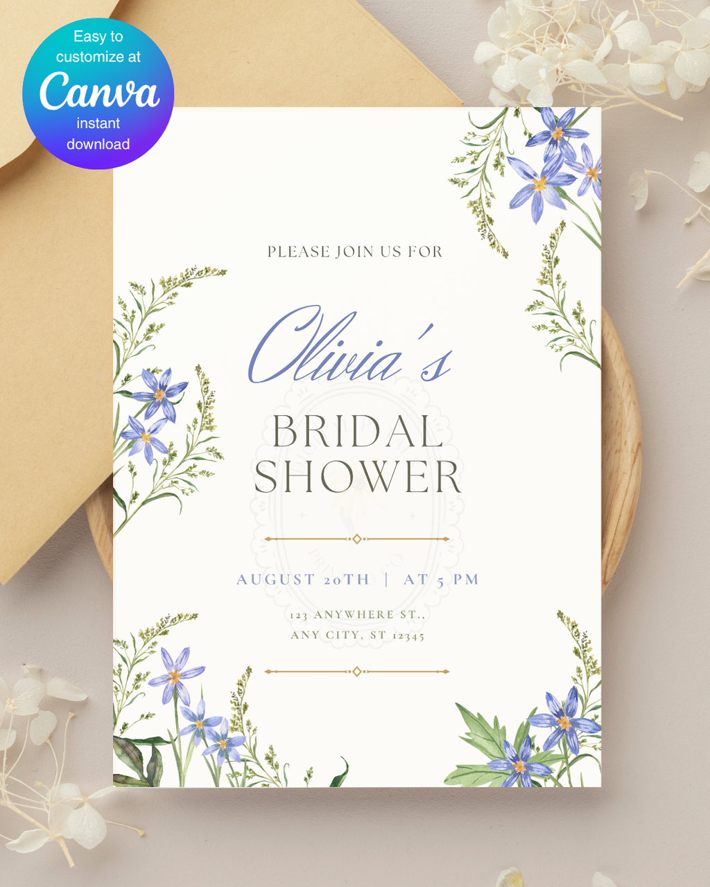 Powder Blue Wildflower Bridal Shower Invitation | Minimalist Printable Invite | Digital Download