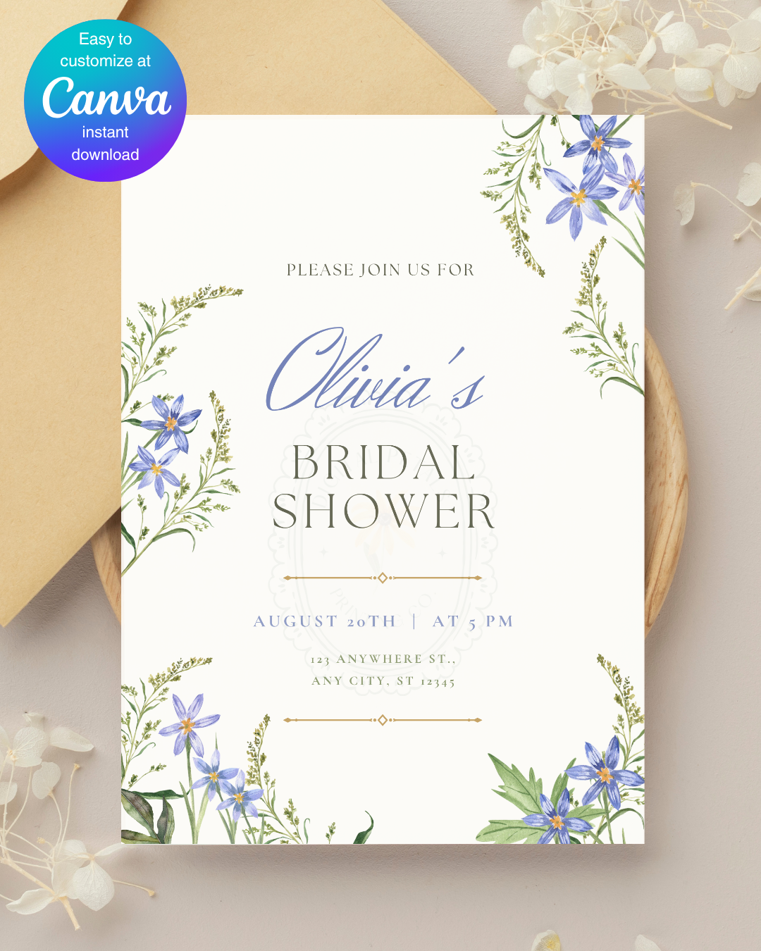 Powder Blue Wildflower Bridal Shower Invitation | Minimalist Printable Invite | Digital Download