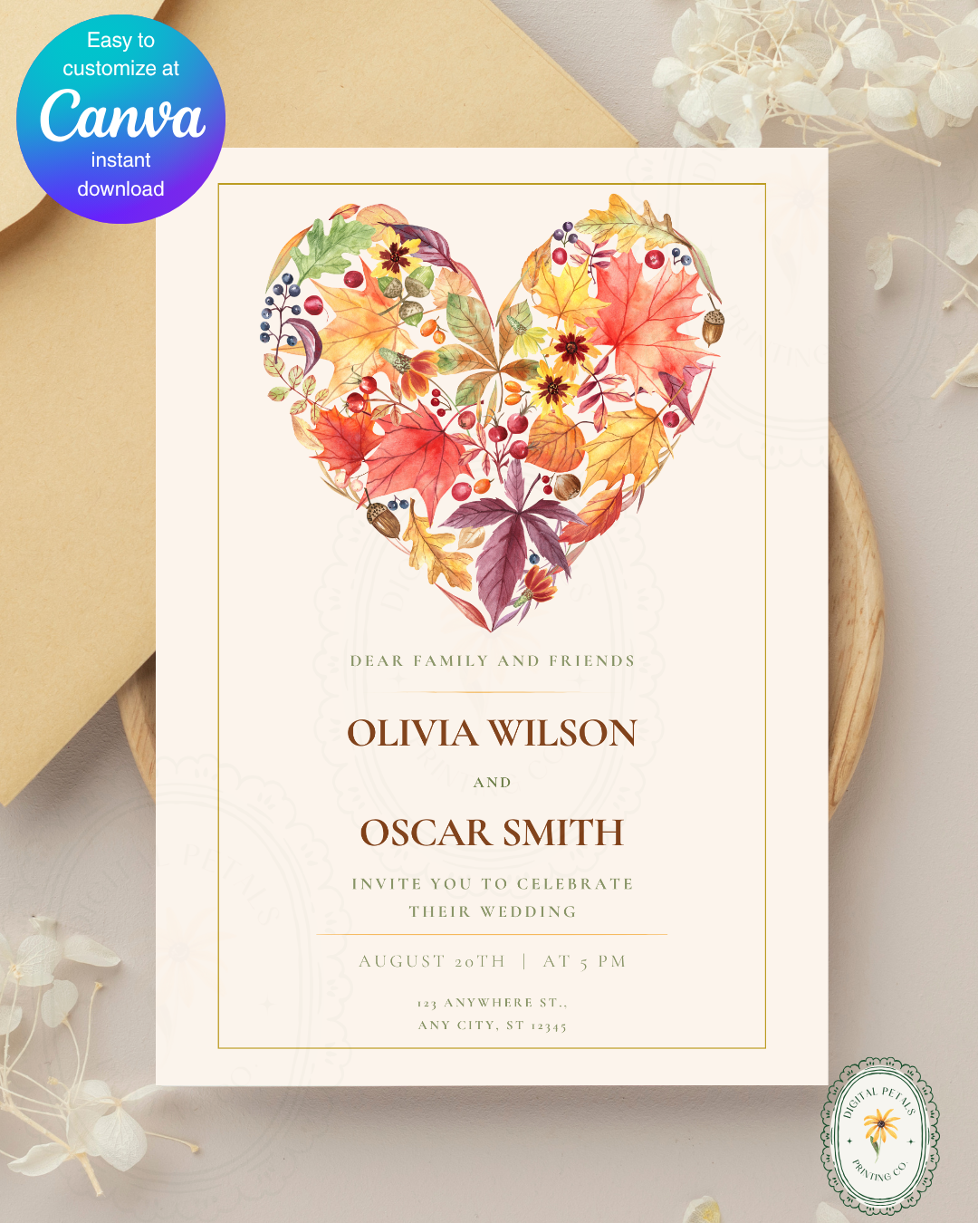 Terracotta & Rust Fall Heart Wedding Invitation — Editable Digital Download Template