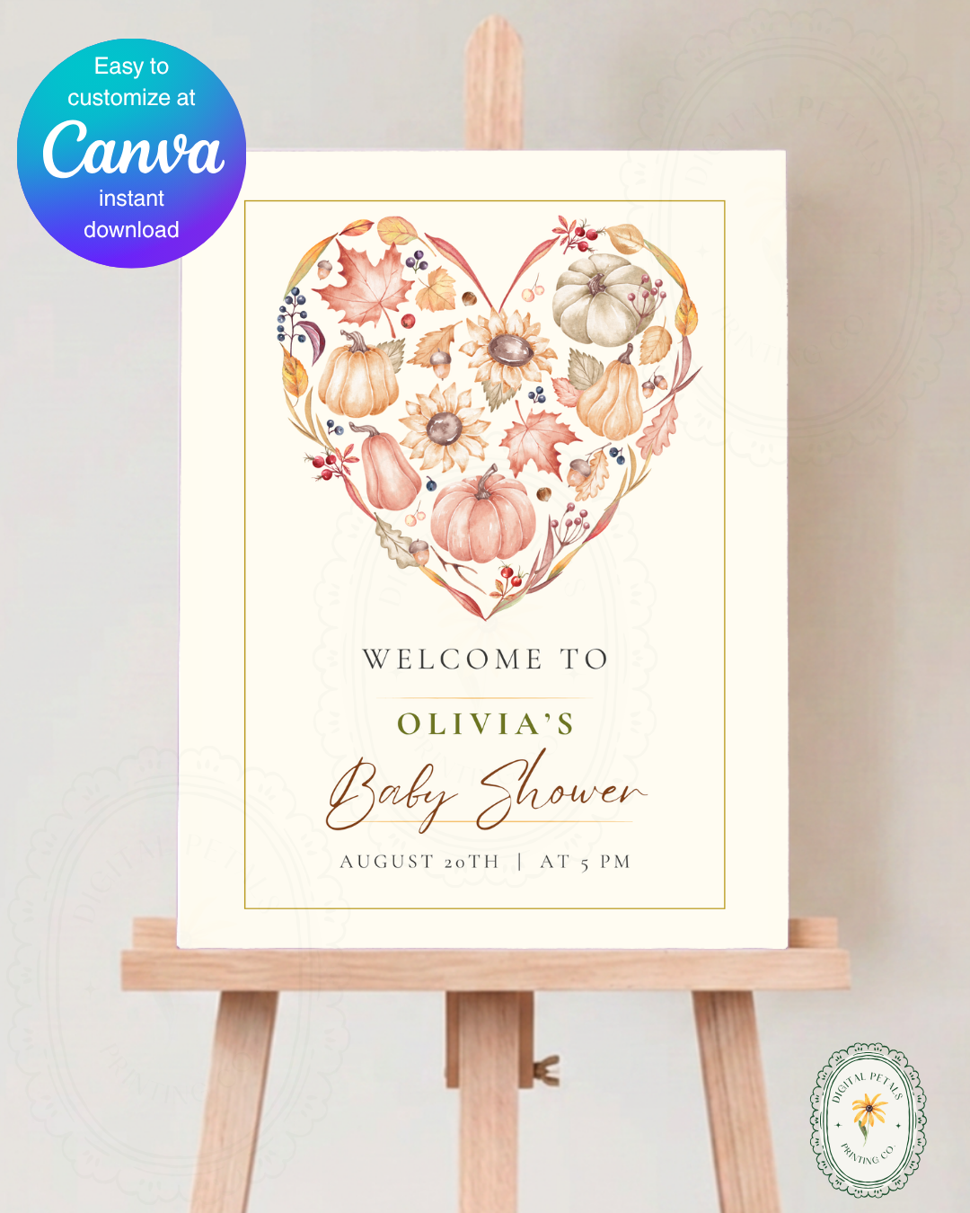 Terracotta & Rust Autumn Heart Baby Shower Welcome Sign | Editable Canva Template | Digital Download