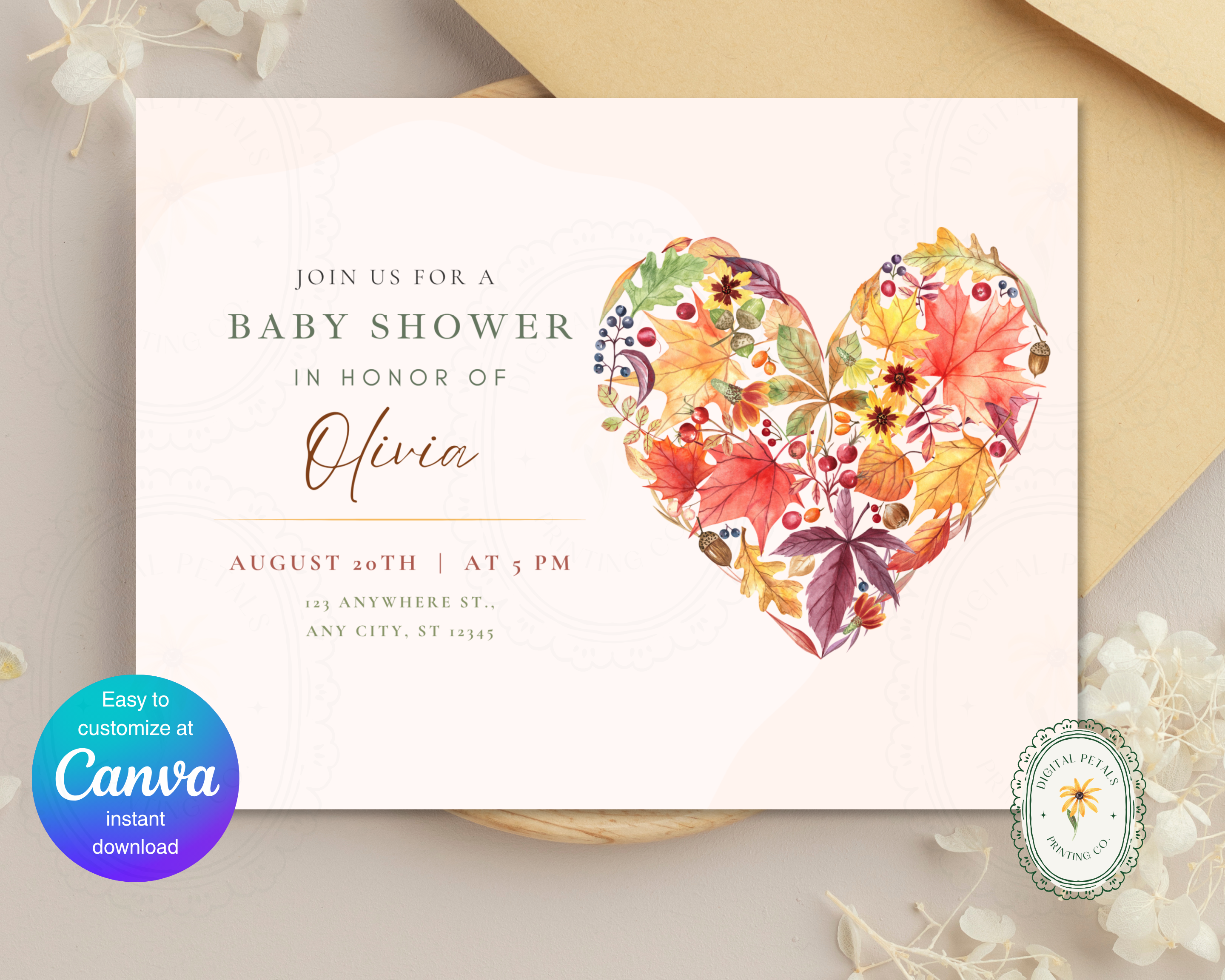 Rustic Fall Baby Shower Invitation Template | Autumn Floral Landscape | Canva Digital Download