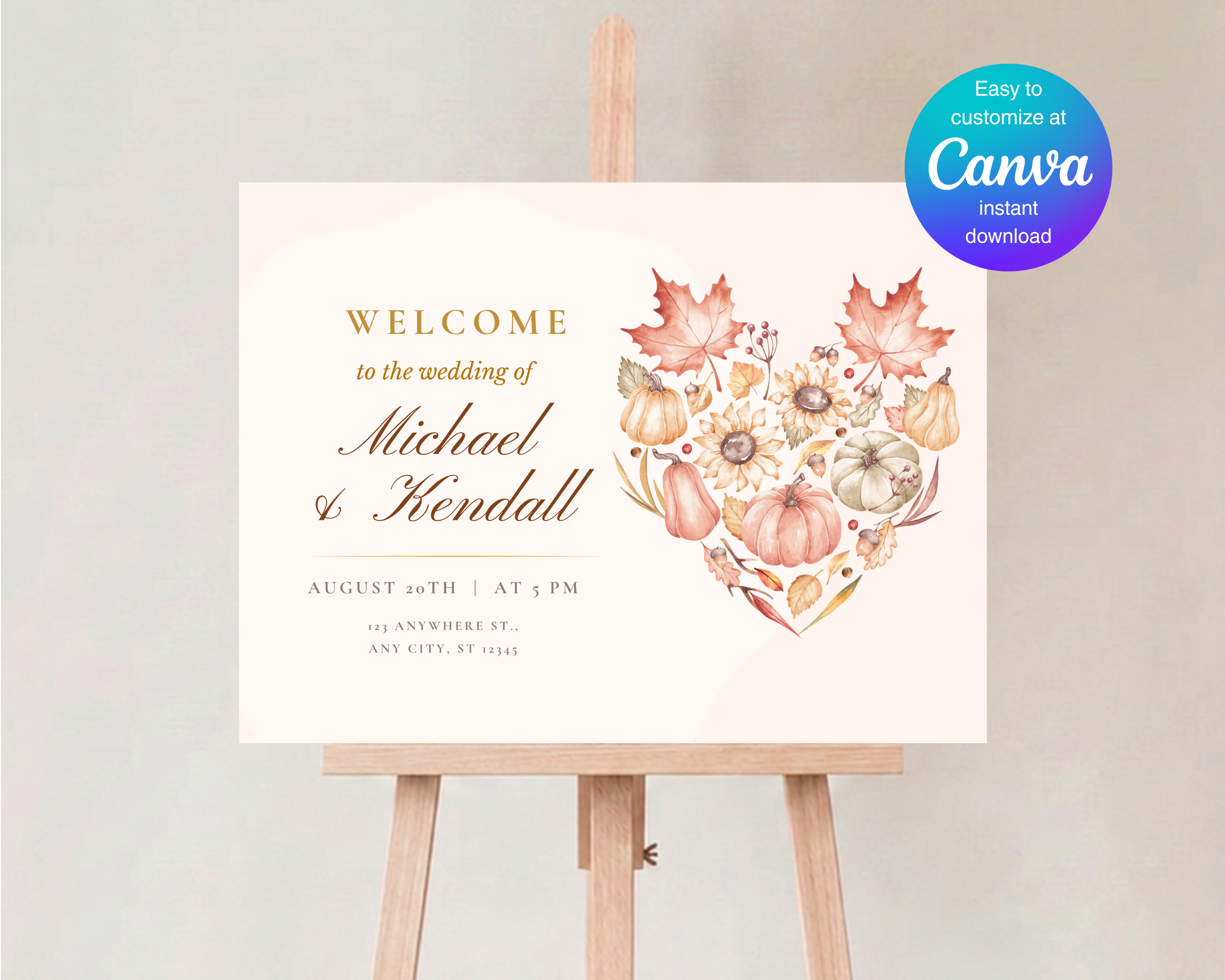 Leaves of Fall Wedding Welcome Sign | Autumn Canva Template | Editable Digital Download
