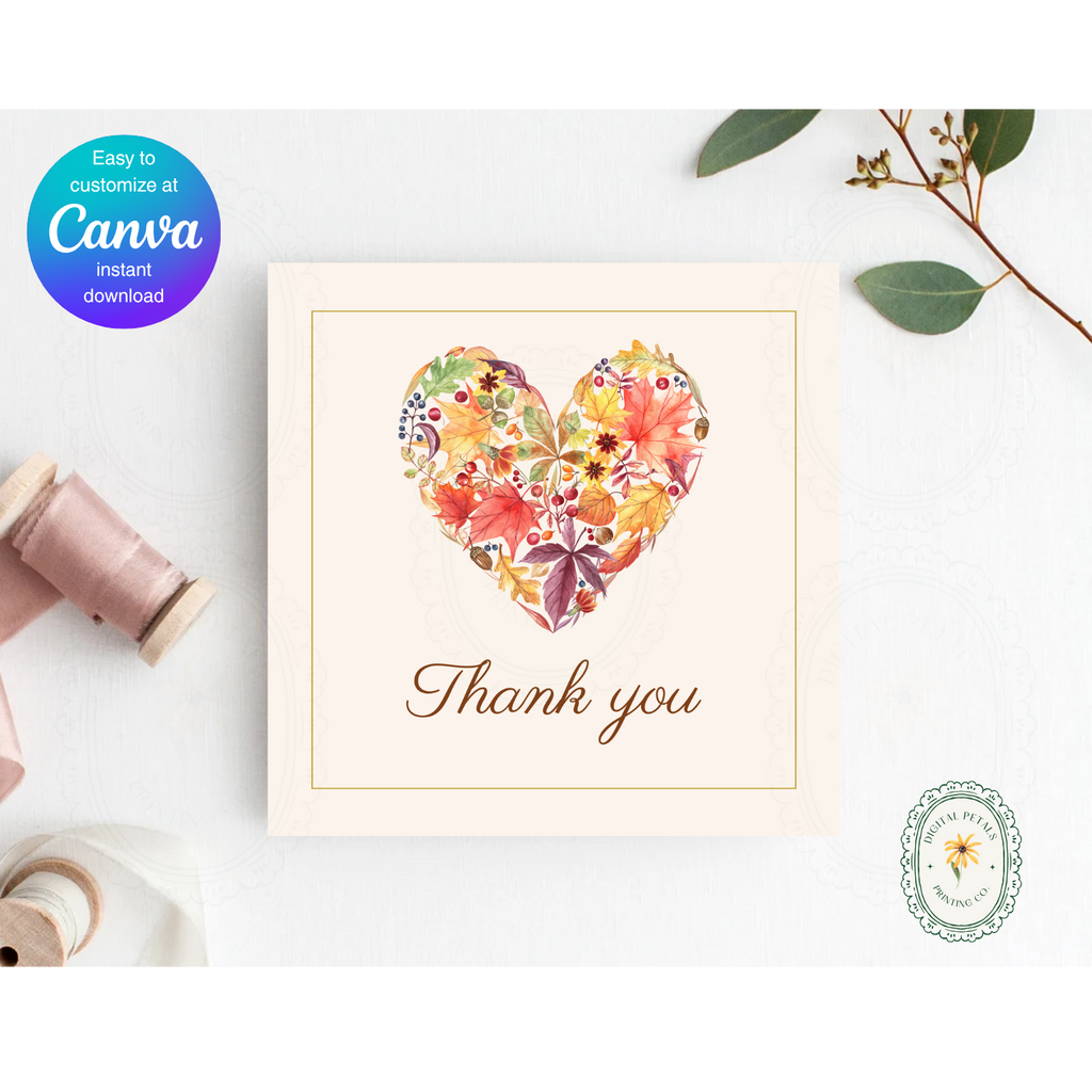 Rustic Fall Heart Thank You Card Template | Editable Canva Digital Download