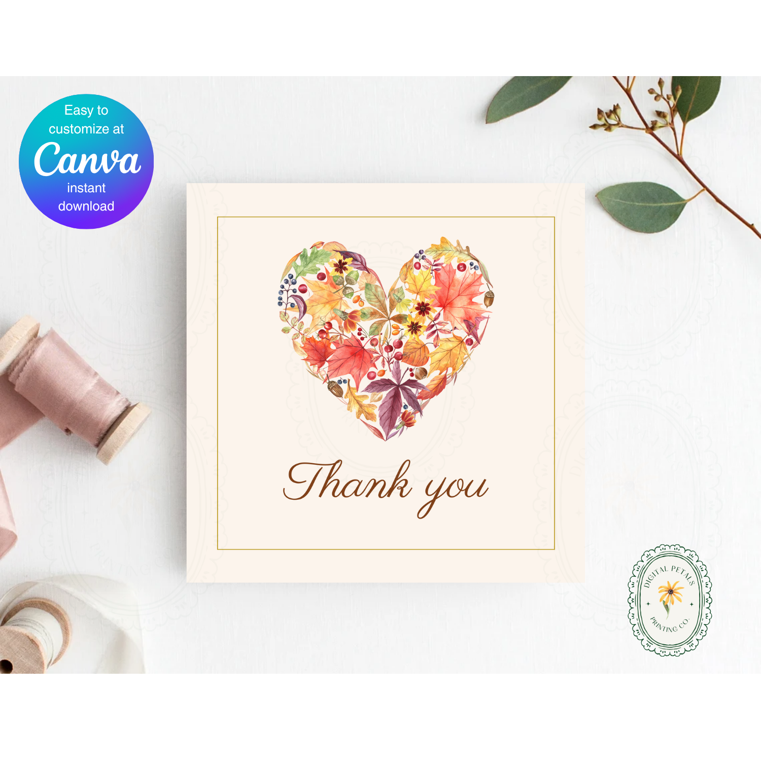 Rustic Fall Heart Thank You Card Template | Editable Canva Digital Download