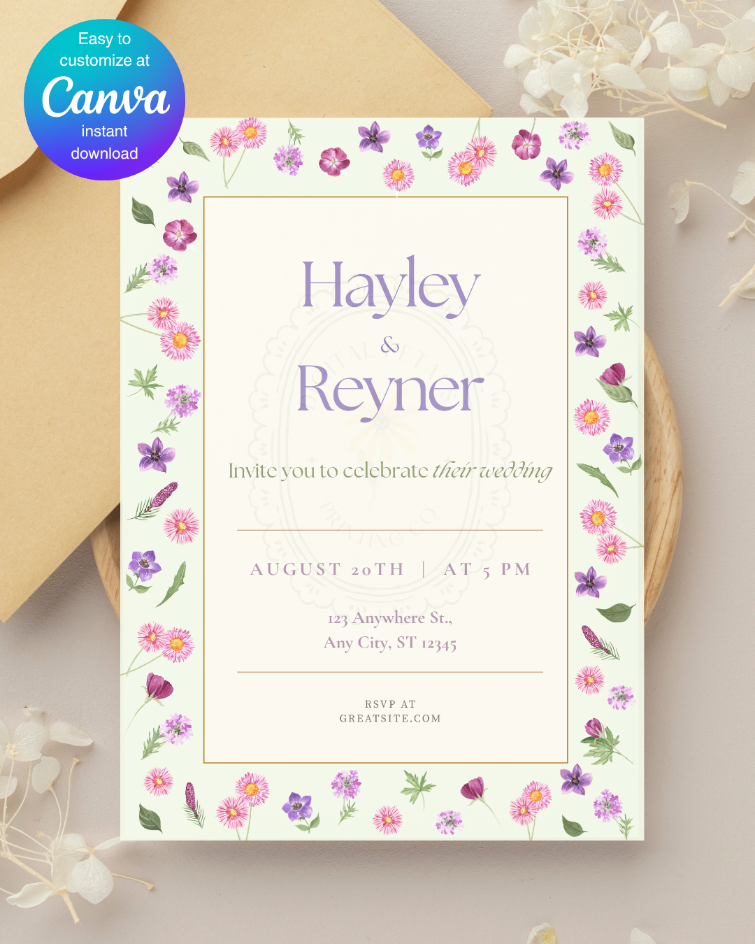 Spring Garden Wildflowers Wedding Invitation Canva Template | Wildflower Floral Digital Download