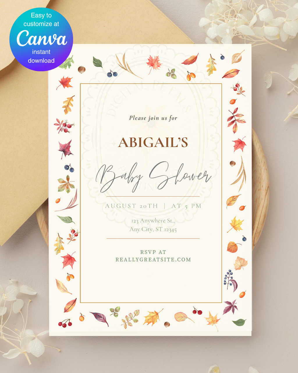 Fall Leaves Baby Shower Invitation Template | Terracotta & Cream | Digital Download
