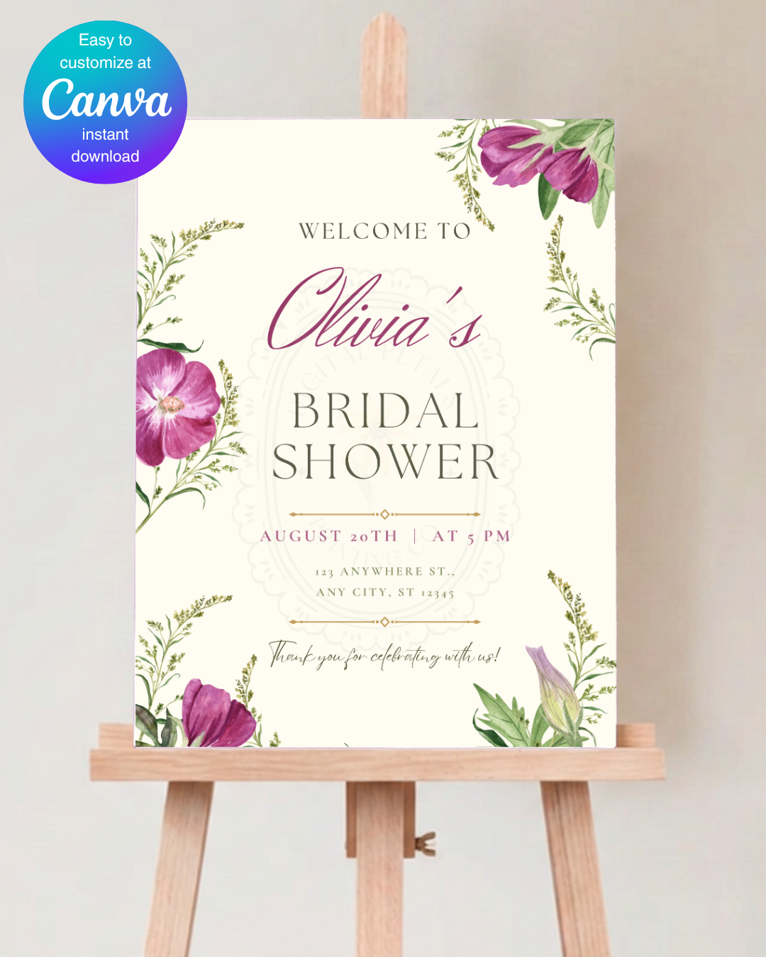 Lavender & Lilac Wildflower Bridal Shower Welcome Sign | Editable Canva Template | Digital Download