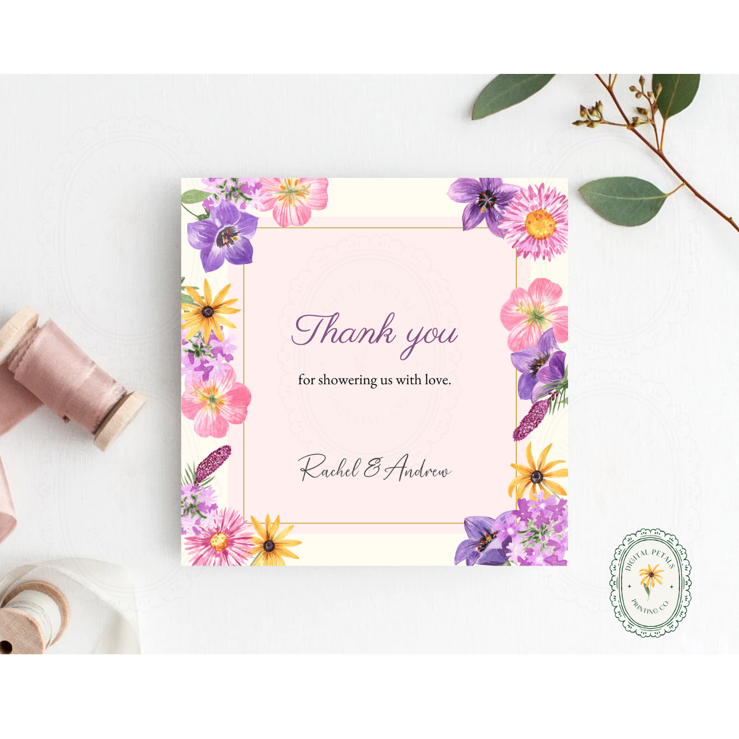Pink Cottagecore Wildflower Thank You Card Template | Editable Canva Digital Download