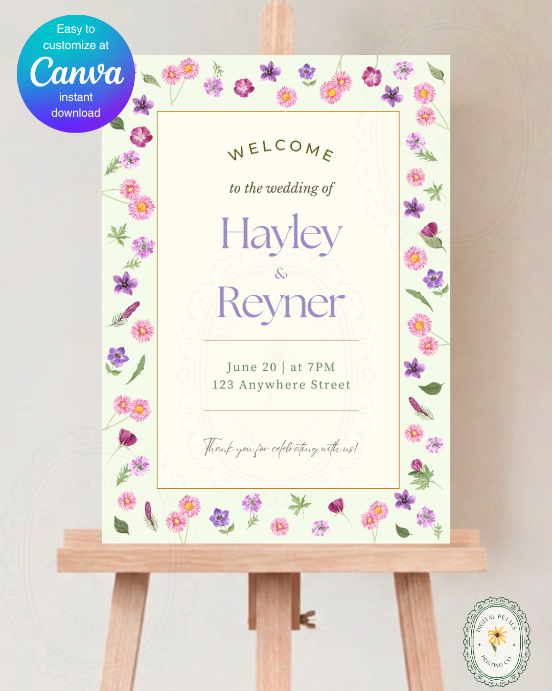 Spring Garden Wildflowers Wedding Welcome Sign Template | Editable Canva Digital Download