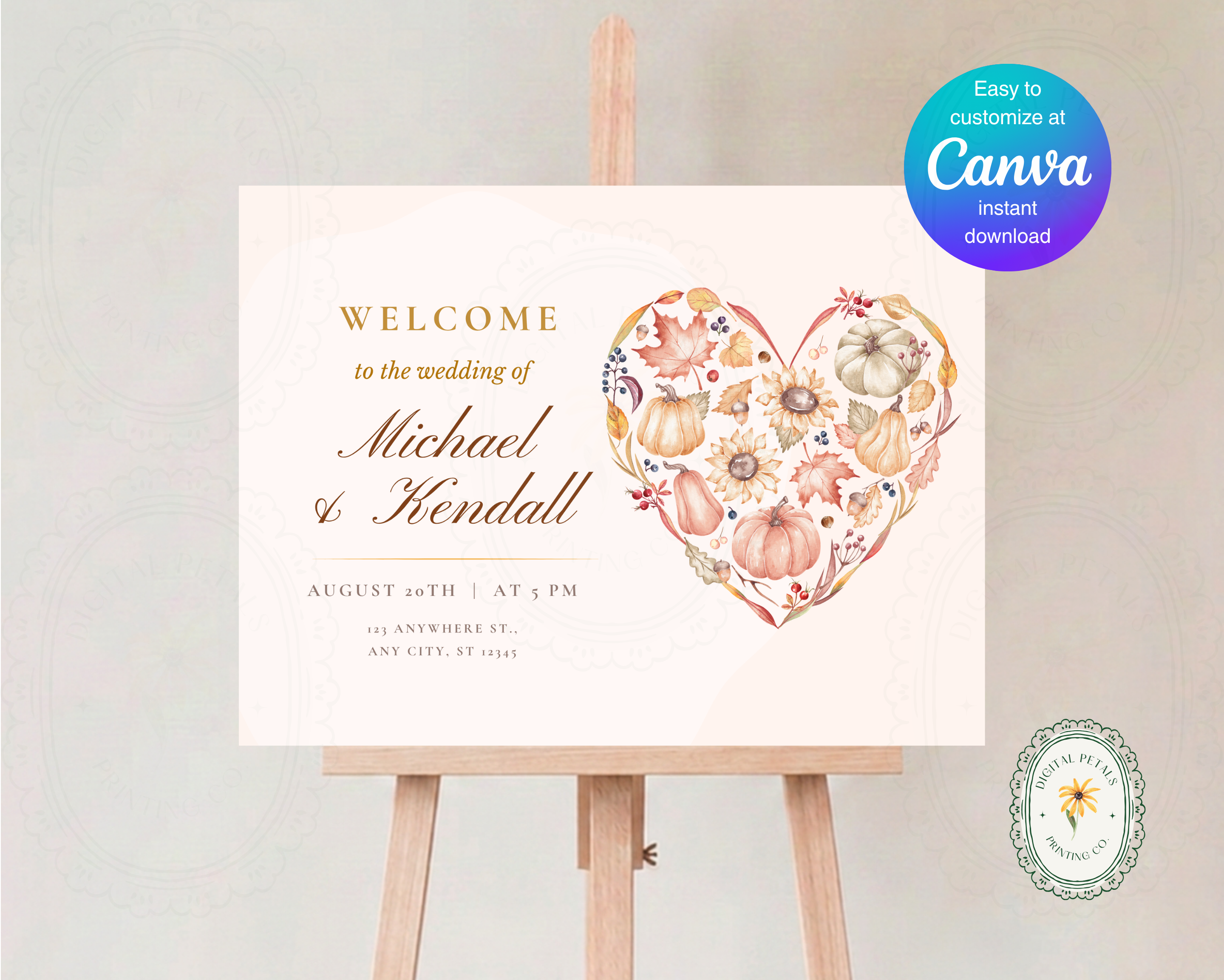 Autumn Wedding Welcome Sign | Rustic Heart Floral Border | Editable Canva Digital Download | Print at Home