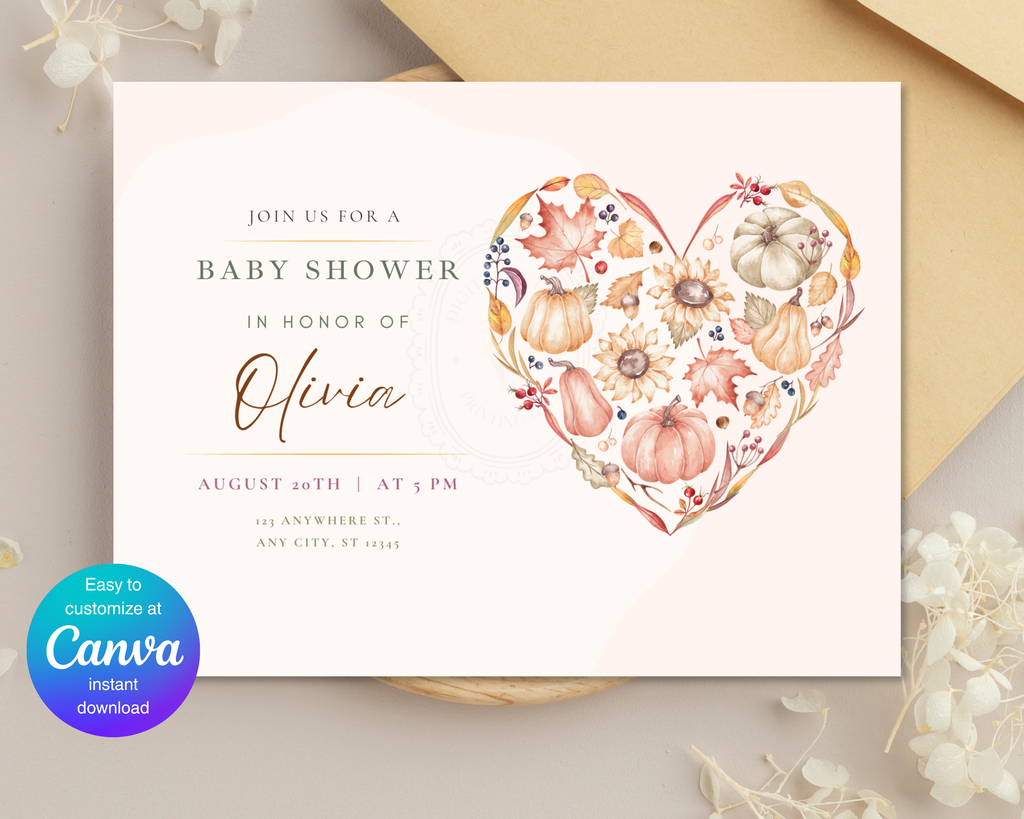 Autumn Heart Baby Shower Invitation | Autumn Floral Landscape | Canva Digital Download