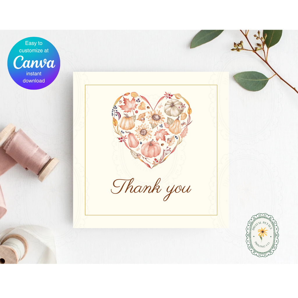 Autumn Heart Thank You Card Template | Editable Canva Digital Download