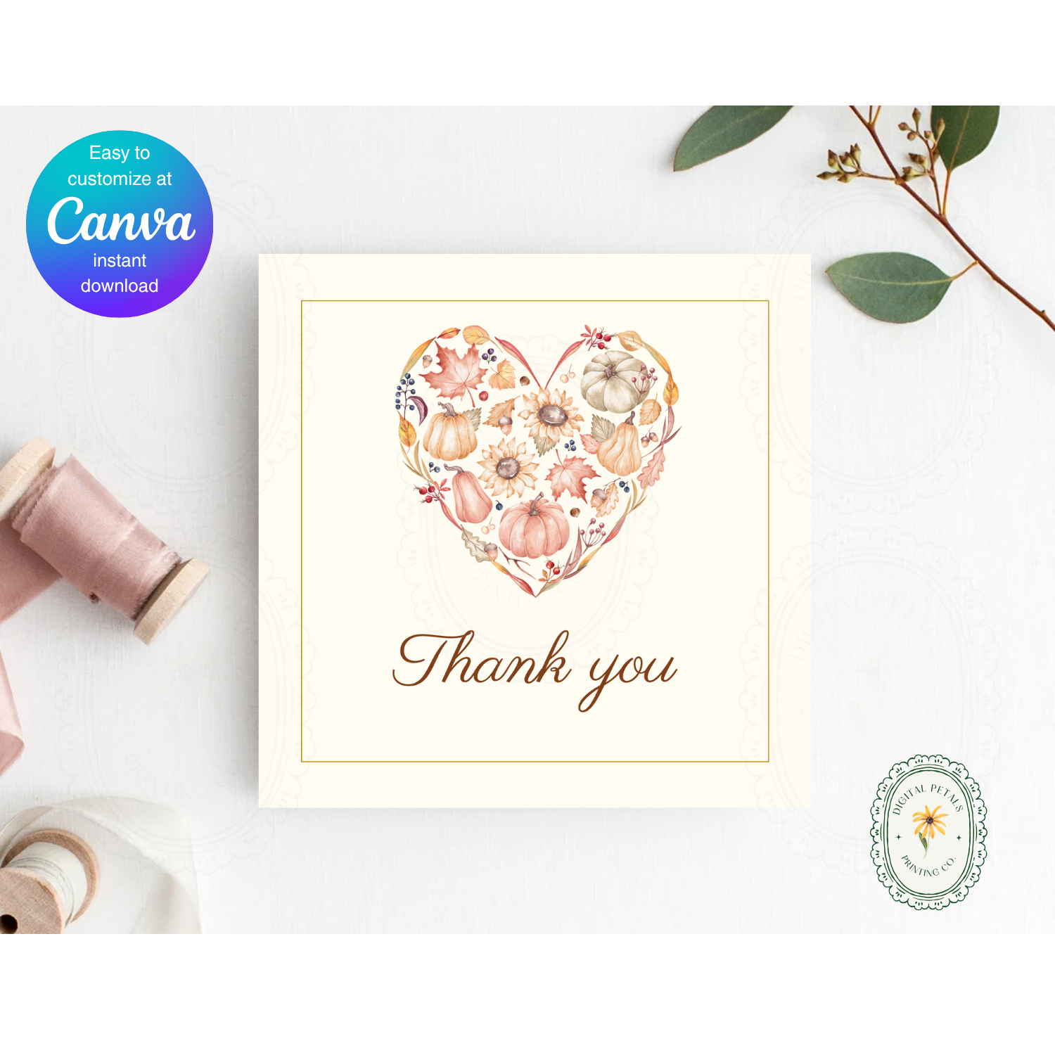 Autumn Heart Thank You Card Template | Editable Canva Digital Download