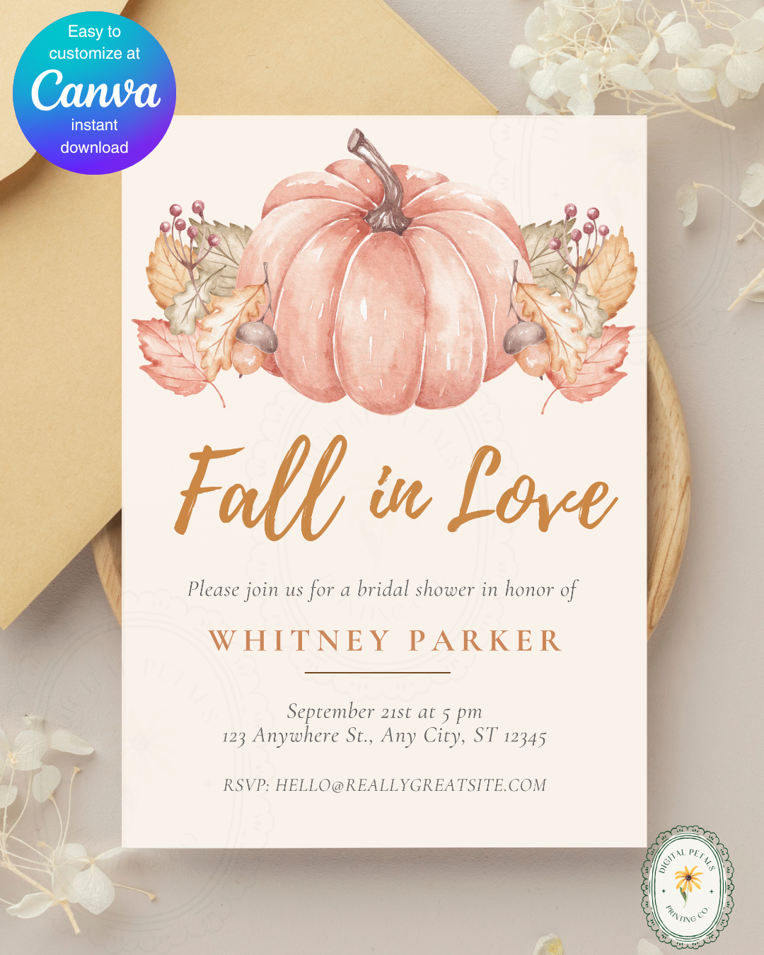 Terracotta & Rust Pumpkin Bridal Shower Invitation | Fall in Love Digital Template