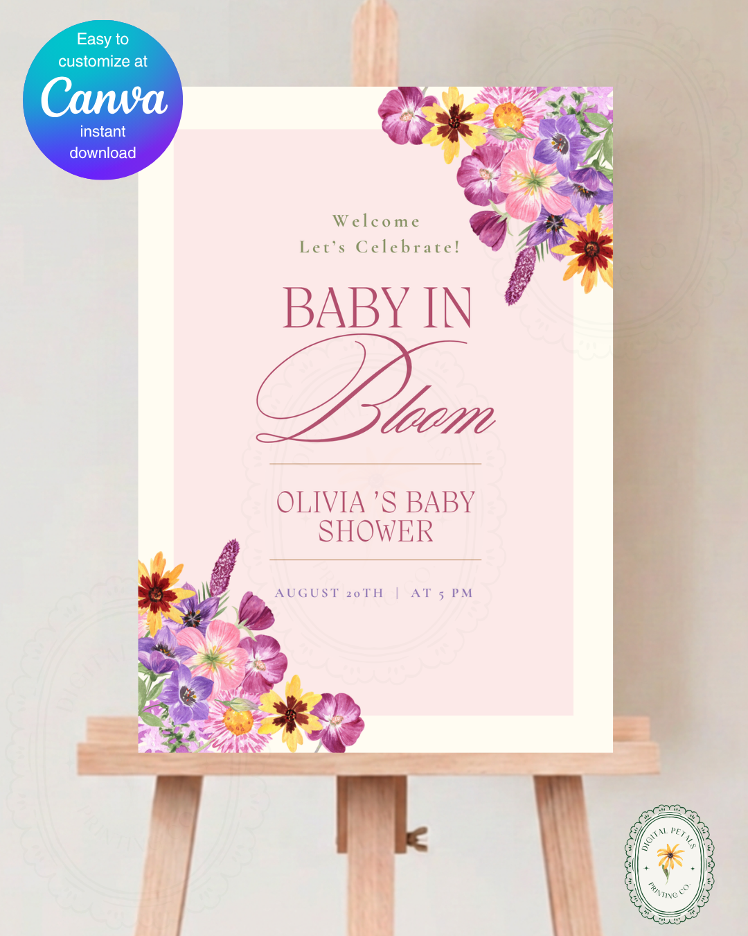 Baby in Bloom Baby Shower Welcome Sign Template | Editable Canva Digital Download