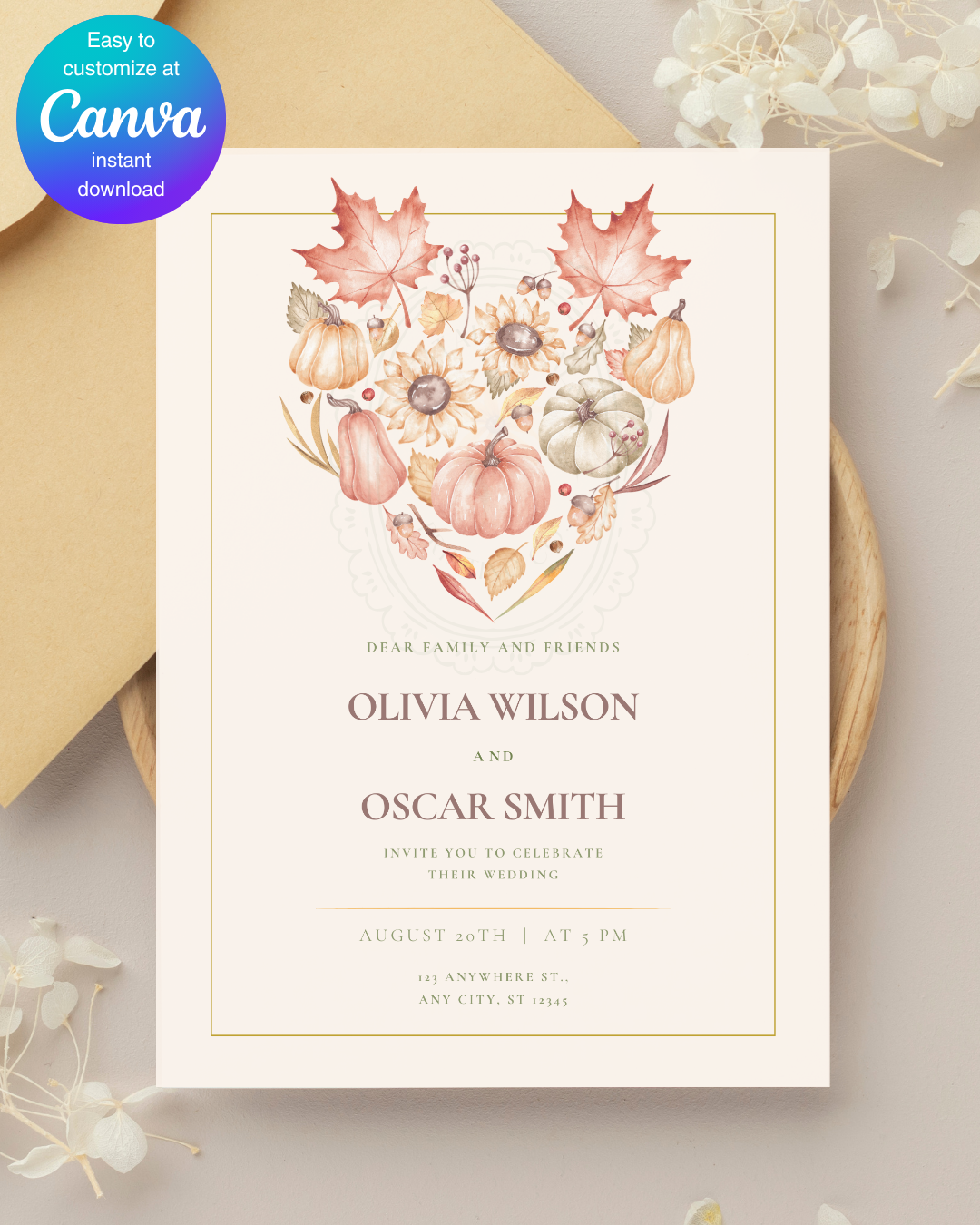 Burgundy Fall Leaves Wedding Invitation Template | Editable Canva Digital Download