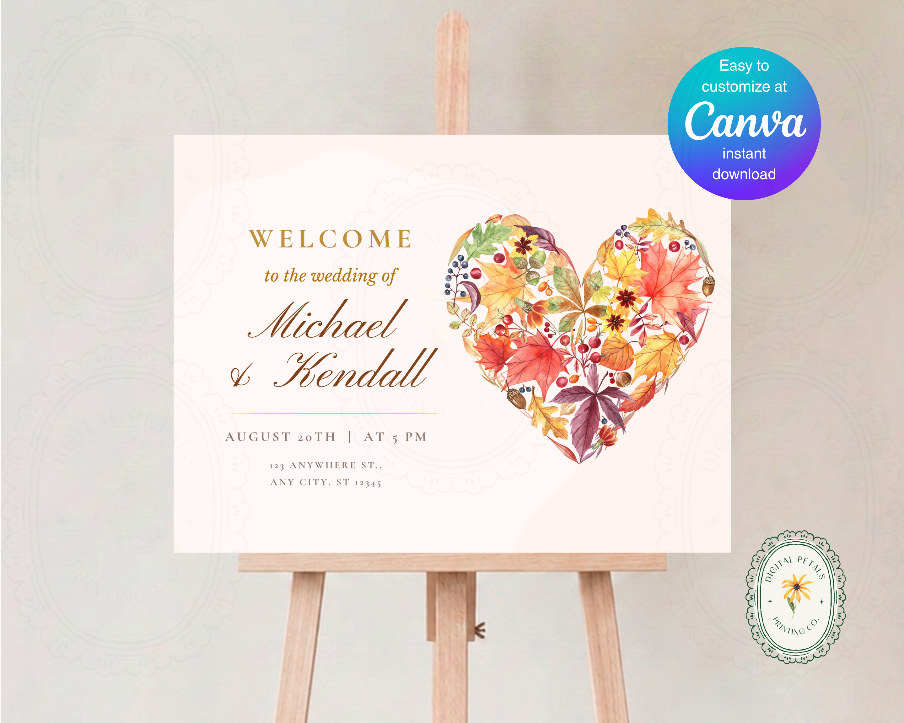 Fall Wildflower Wedding Welcome Sign | Boho Heart Border | Editable Canva Digital Download | Print at Home