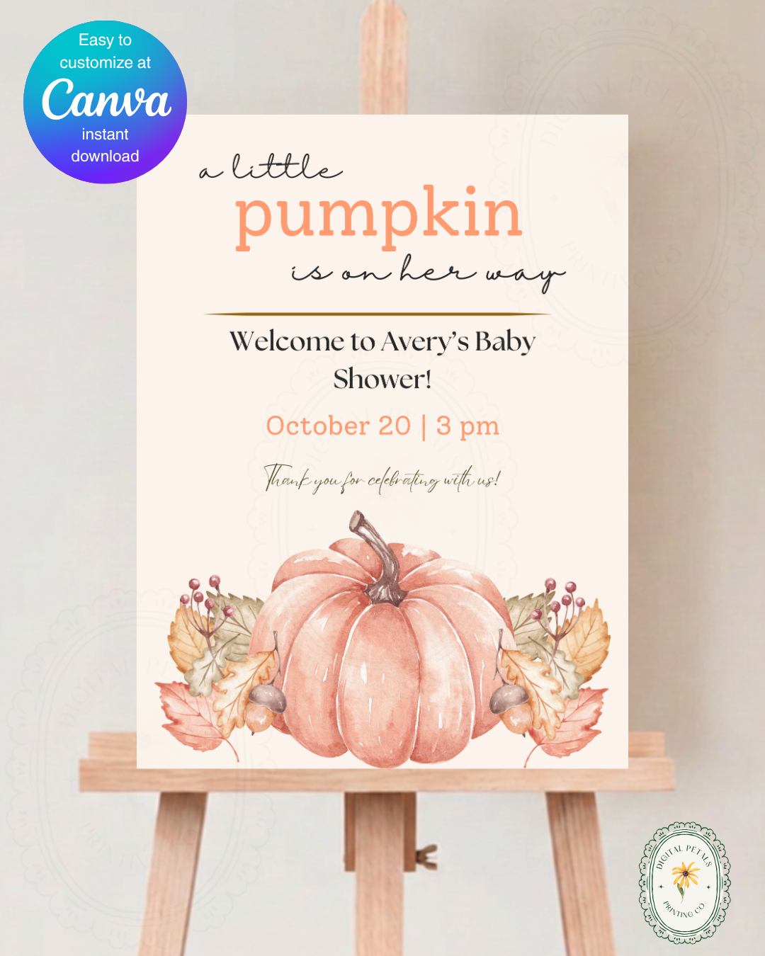 Terracotta & Rust Fall Pumpkin Baby Shower Welcome Sign | Editable Canva Template | Digital Download