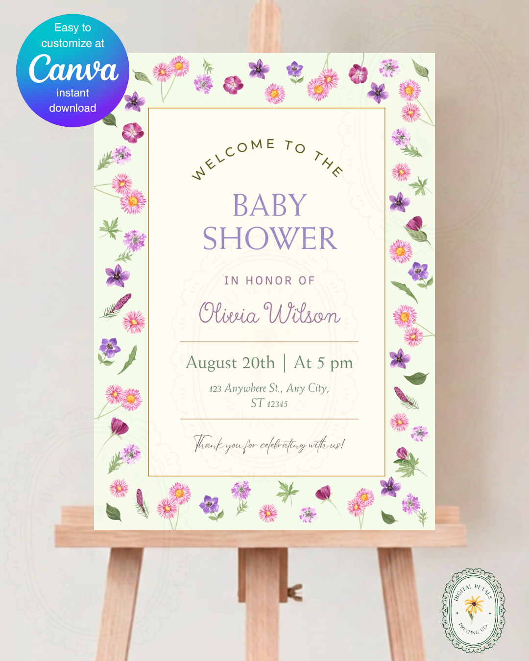 Spring Garden Wildflowers Baby Shower Welcome Sign Template | Editable Canva Digital Download