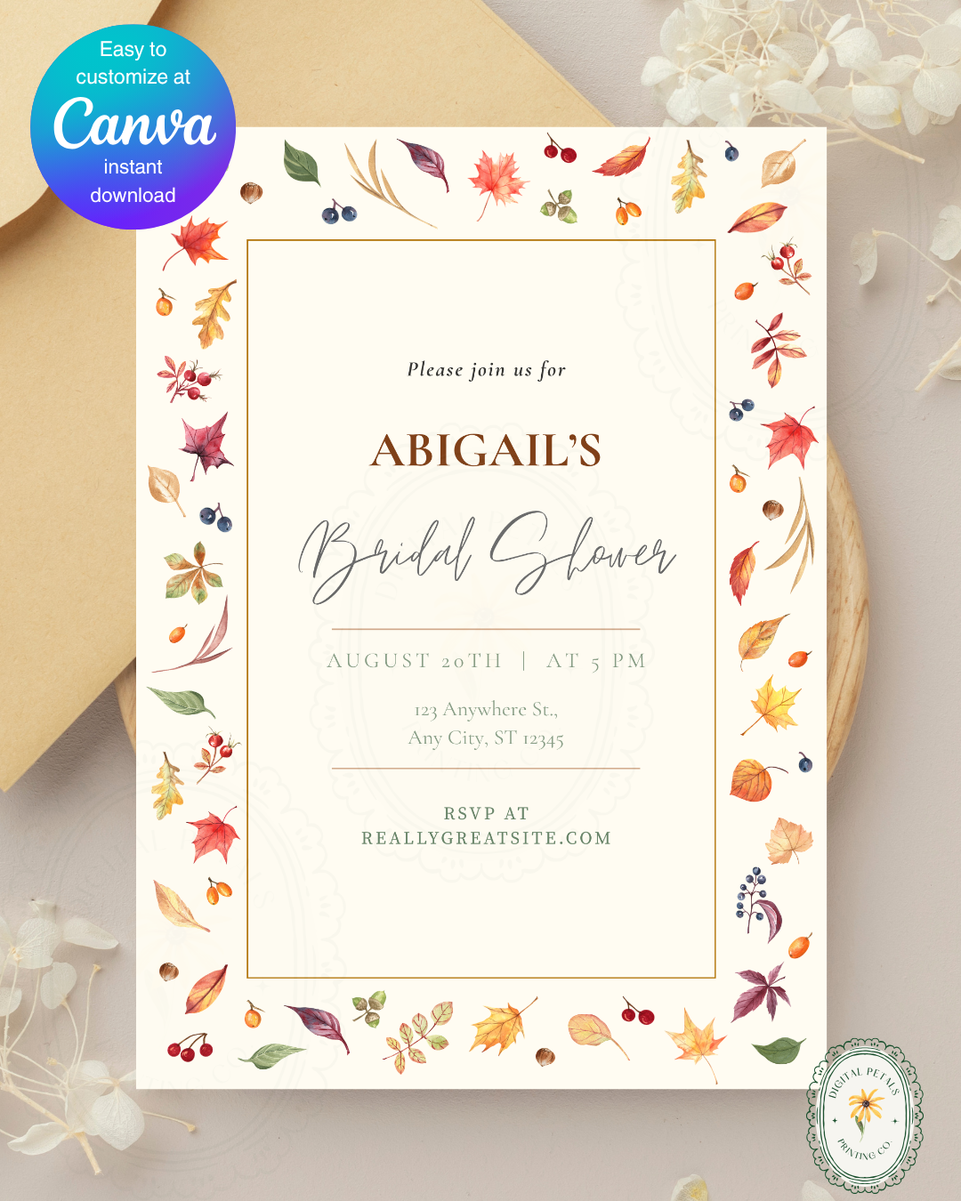 Fall Leaves Bridal Shower Invitation Template | Terracotta & Cream | Digital Download