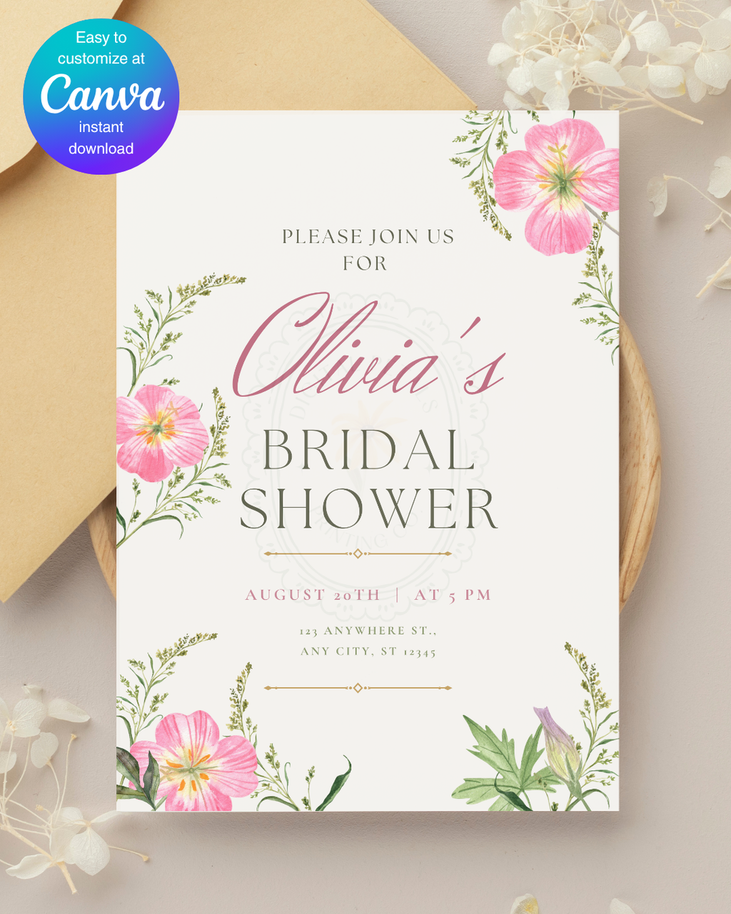 Pink Wildflower Bridal Shower Invitation | Minimalist Printable Invite | Digital Download