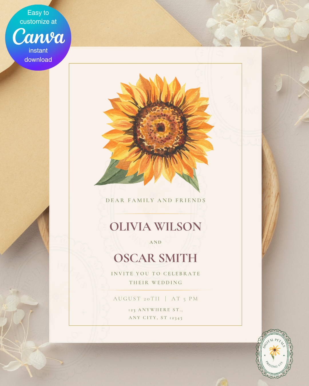 Terracotta & Rust Sunflower Wedding Invitation — Editable Digital Download Template