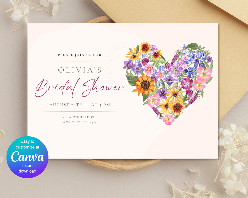 Lavender Cream Spring Heart Bridal Shower Invitation | Printable Landscape Template | Digital Download