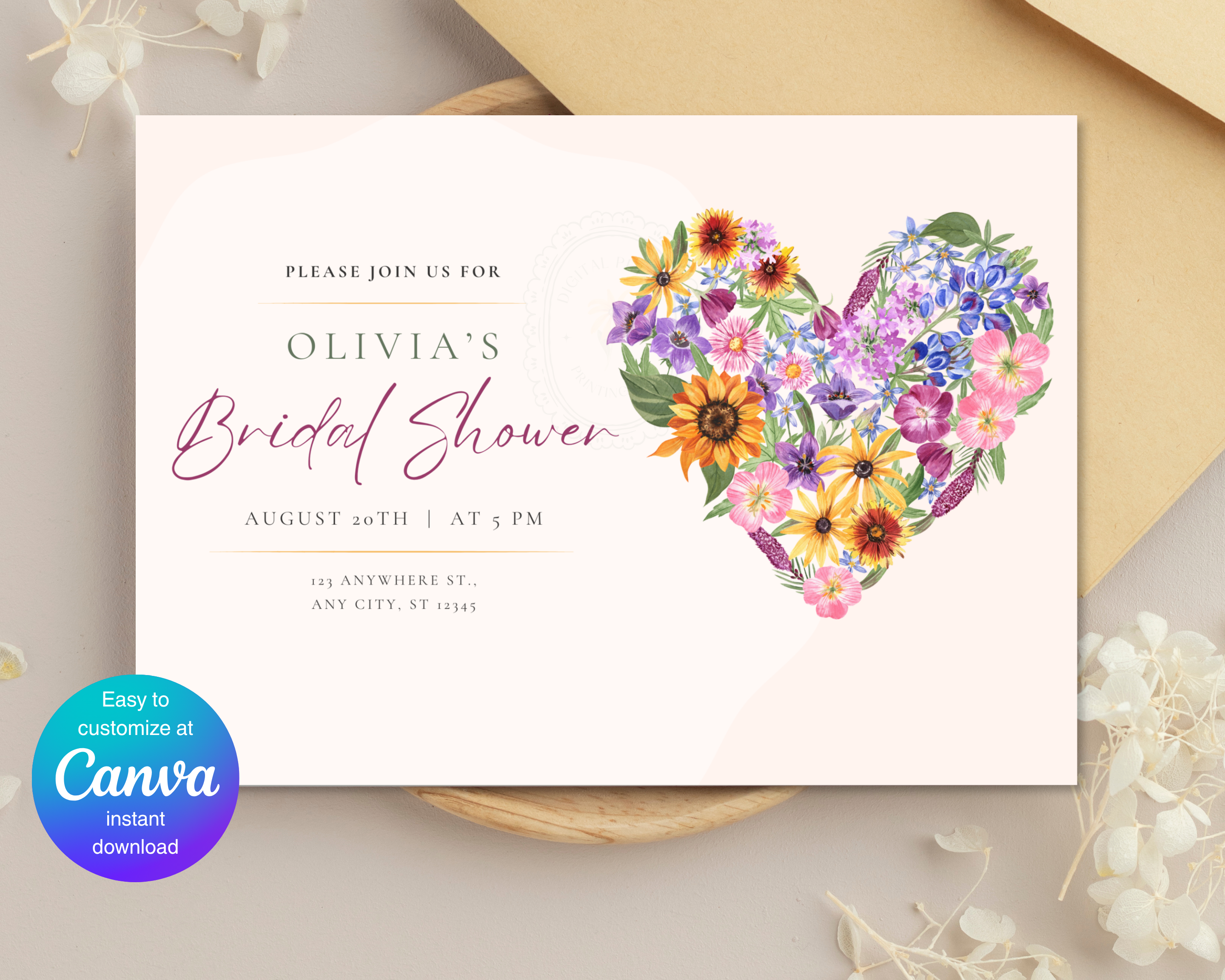 Lavender Cream Spring Heart Bridal Shower Invitation | Printable Landscape Template | Digital Download