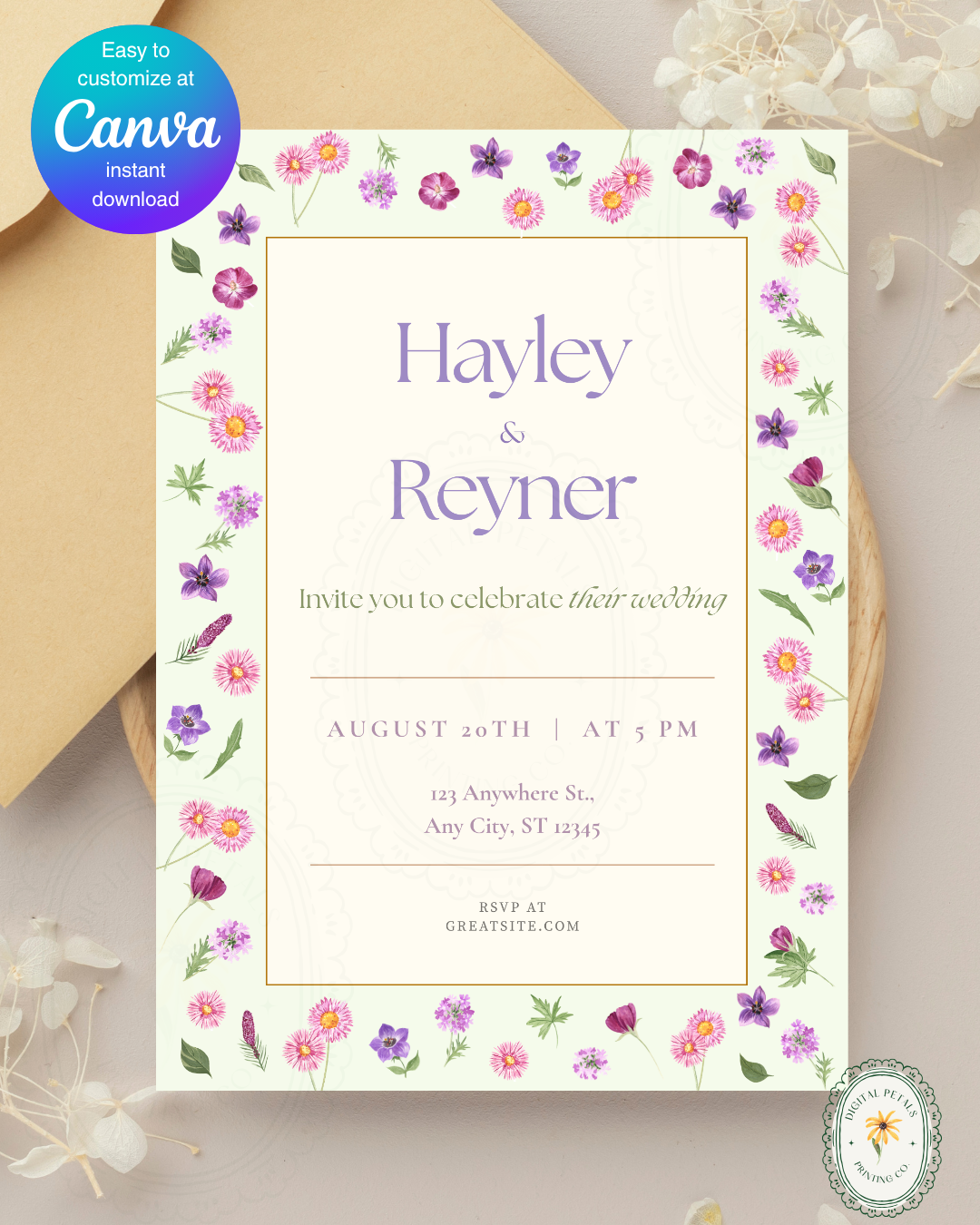 Spring Garden Wildflowers Wedding Invitation Canva Template | Wildflower Floral Digital Download