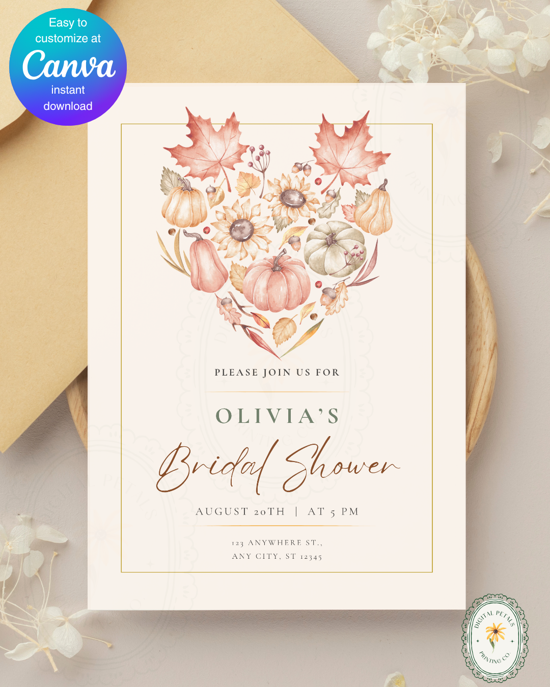 Burgundy Fall Leaves Bridal Shower Invitation Template | Editable Canva Digital Download