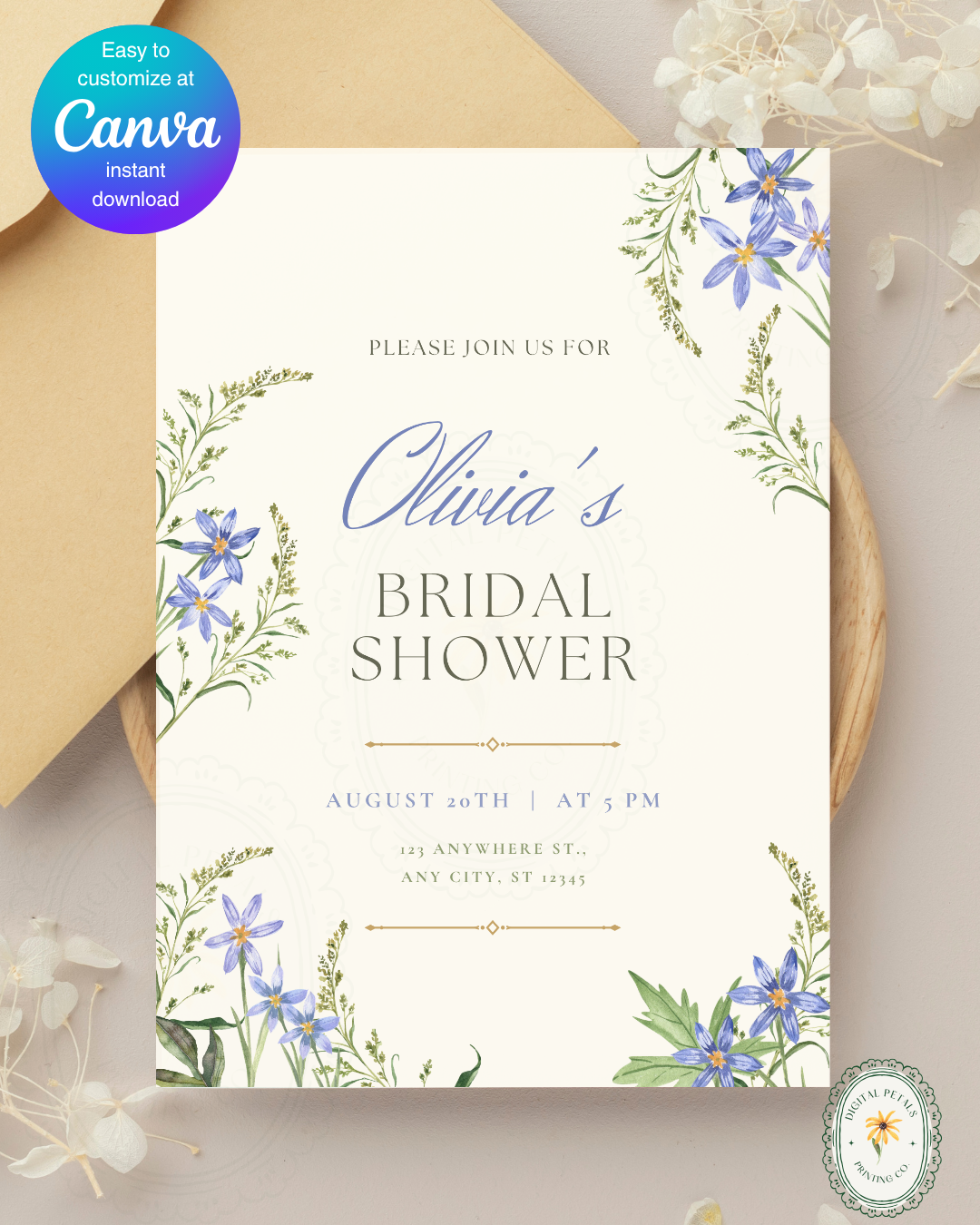 Powder Blue Wildflower Bridal Shower Invitation | Minimalist Printable Invite | Digital Download