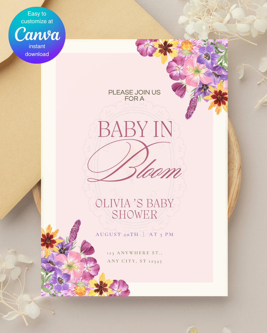Baby in Bloom Baby Shower Invitation Template | Editable Canva Digital Download