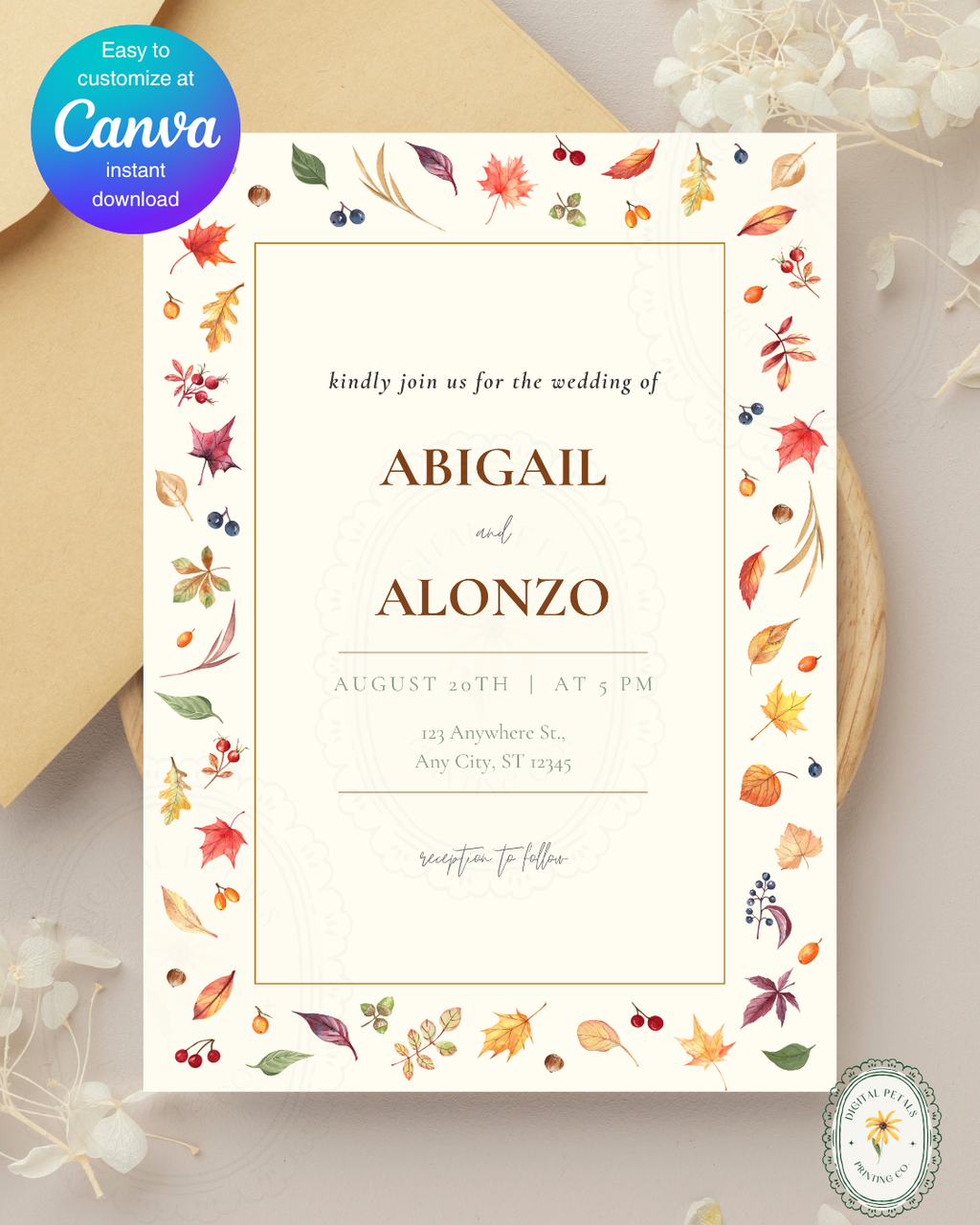 Fall Leaves Wedding Invitation Template | Terracotta & Cream | Digital Download