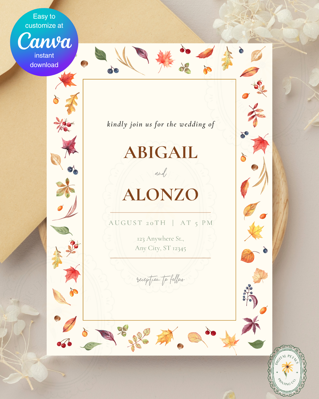 Fall Leaves Wedding Invitation Template | Terracotta & Cream | Digital Download