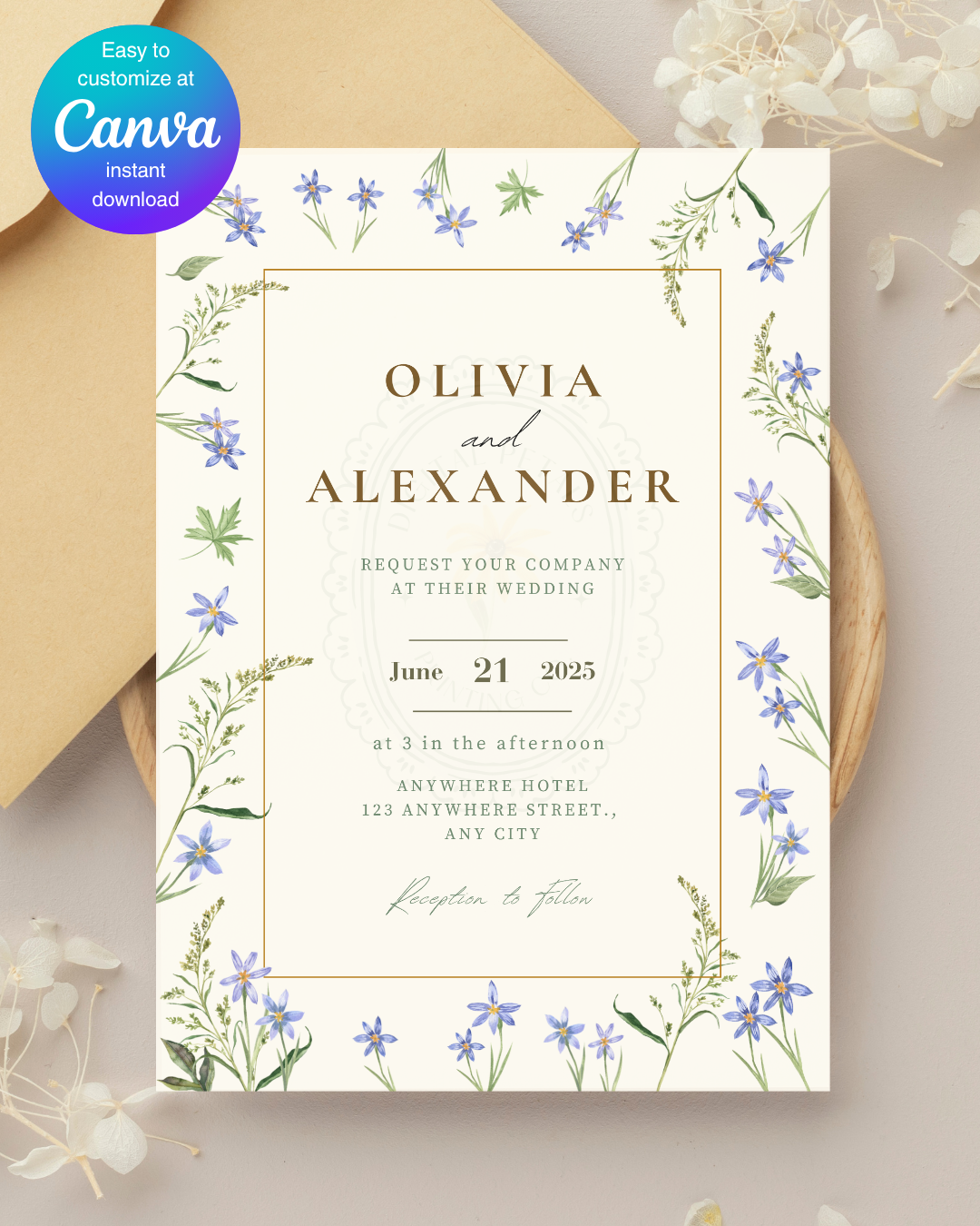 Blue Floral Border Wedding Invitation Template | Editable Digital Download