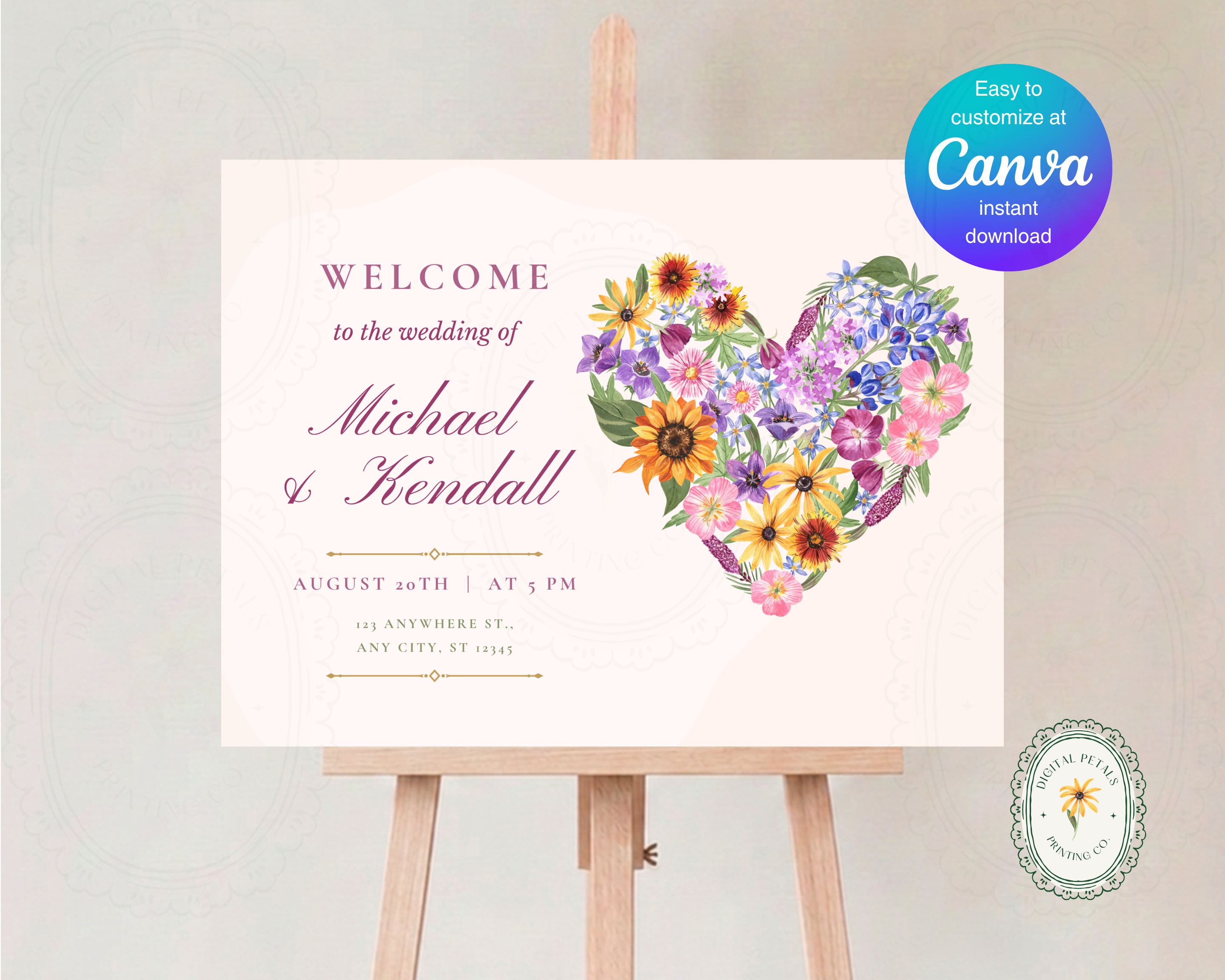 Wildflower Wedding Welcome Sign | Boho Floral Heart Border | Editable Canva Digital Download | Print at Home