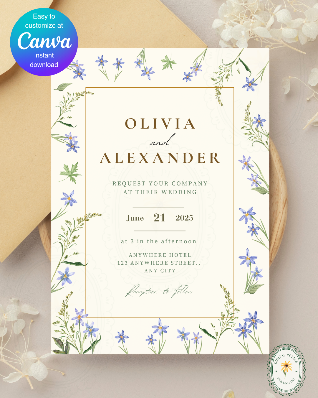 Dusty Blue Floral Border Wedding Invitation Template | Editable Digital Download