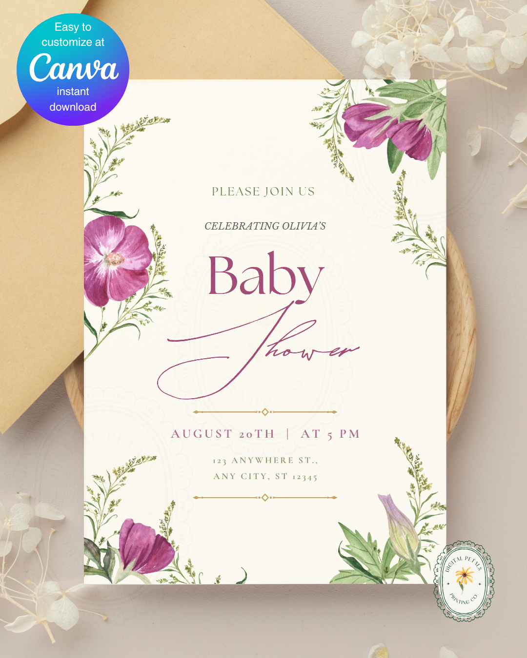 Lavender & Lilac Wildflower Baby Shower Invitation | Minimalist Printable Invite | Digital Download