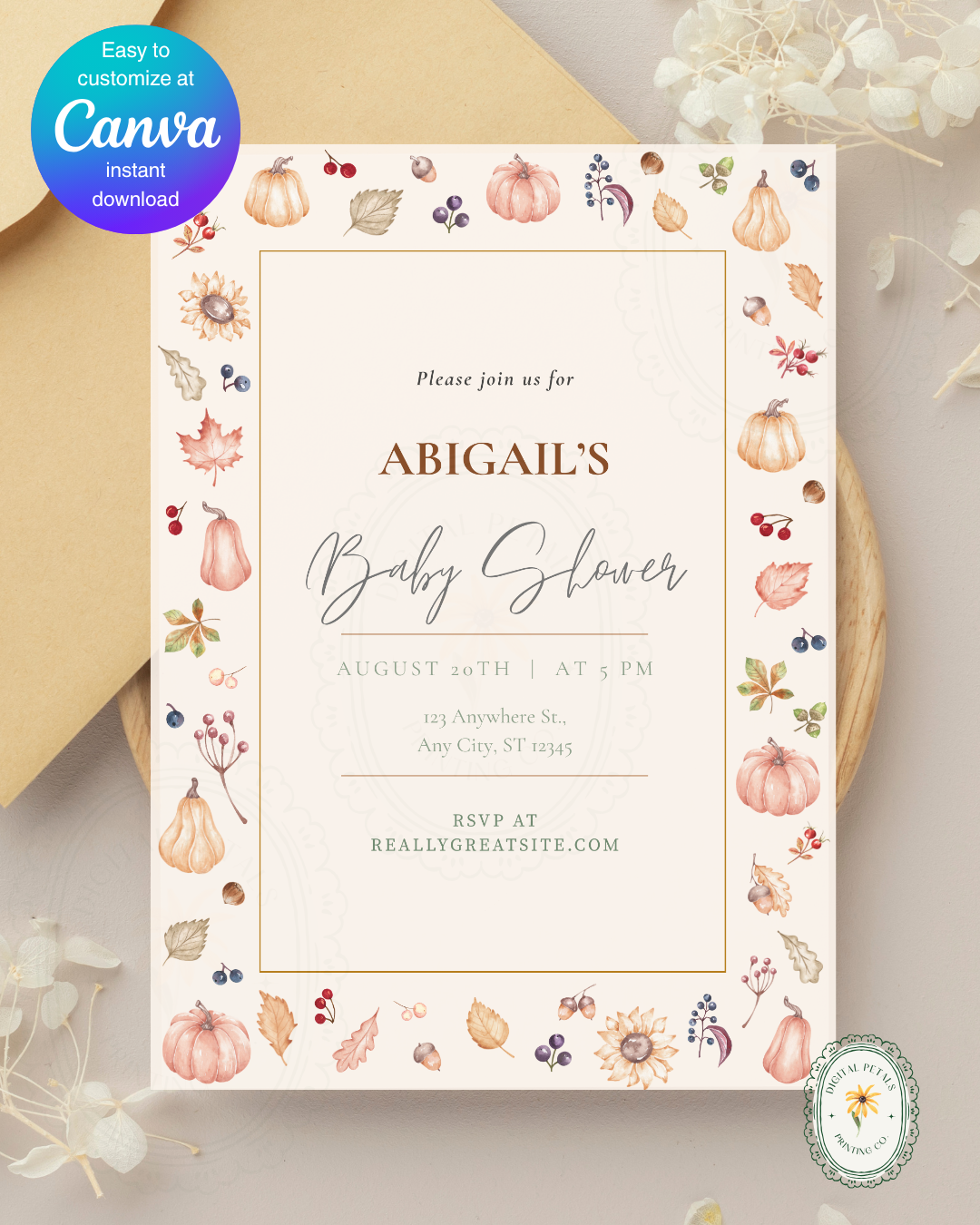 Autumn Harvest Wildflowers Baby Shower Invitation Template | Editable Canva Digital Download