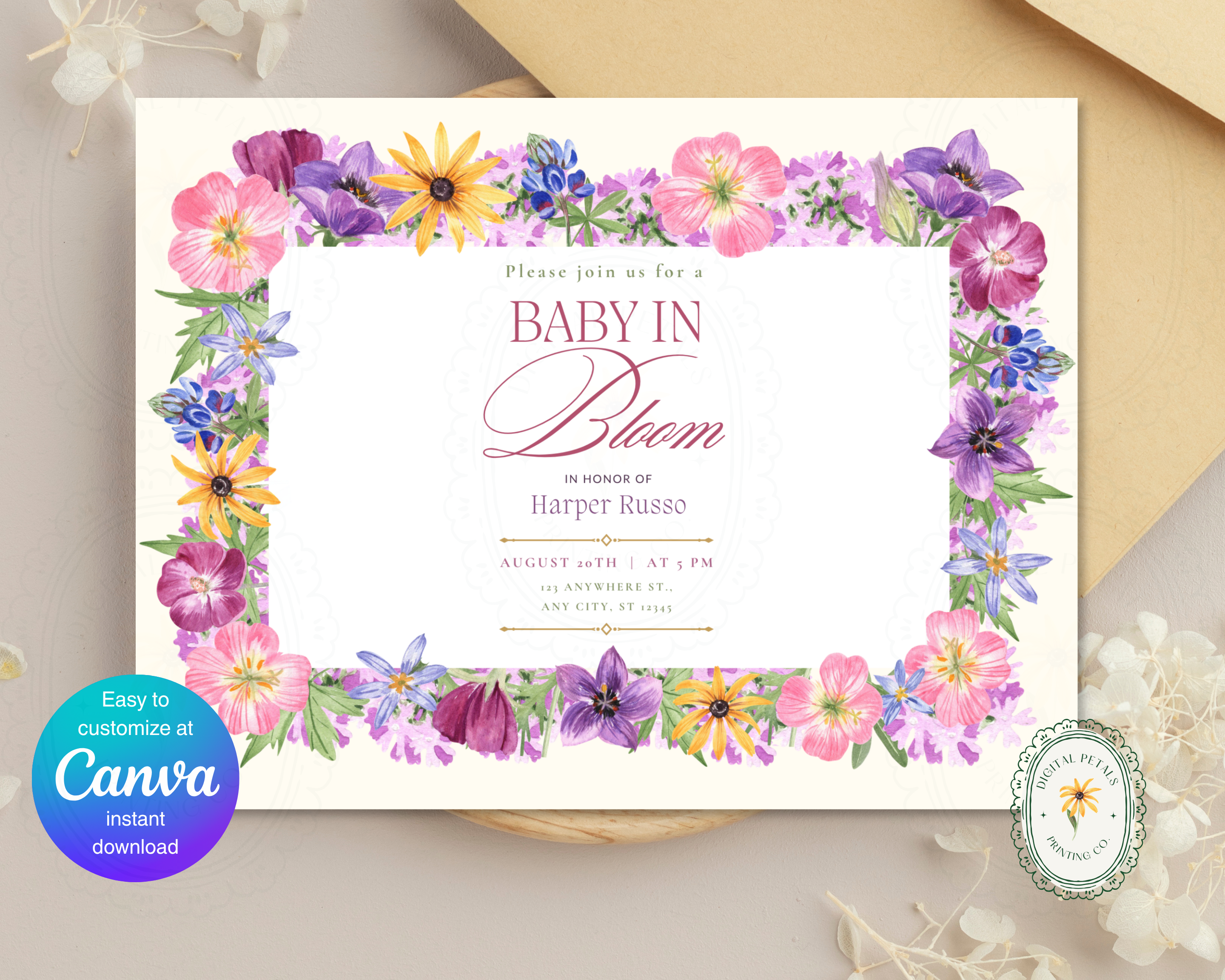 Baby in Bloom Baby Shower Wildflower Invitation | Floral Landscape Digital Download | Canva Editable