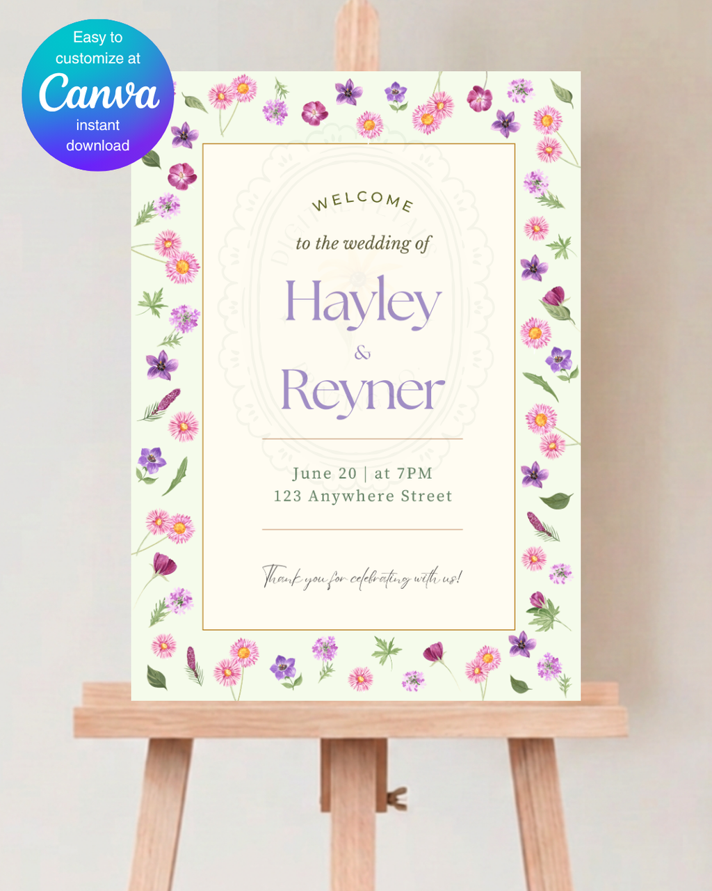 Spring Garden Wildflowers Wedding Welcome Sign Template | Editable Canva Digital Download