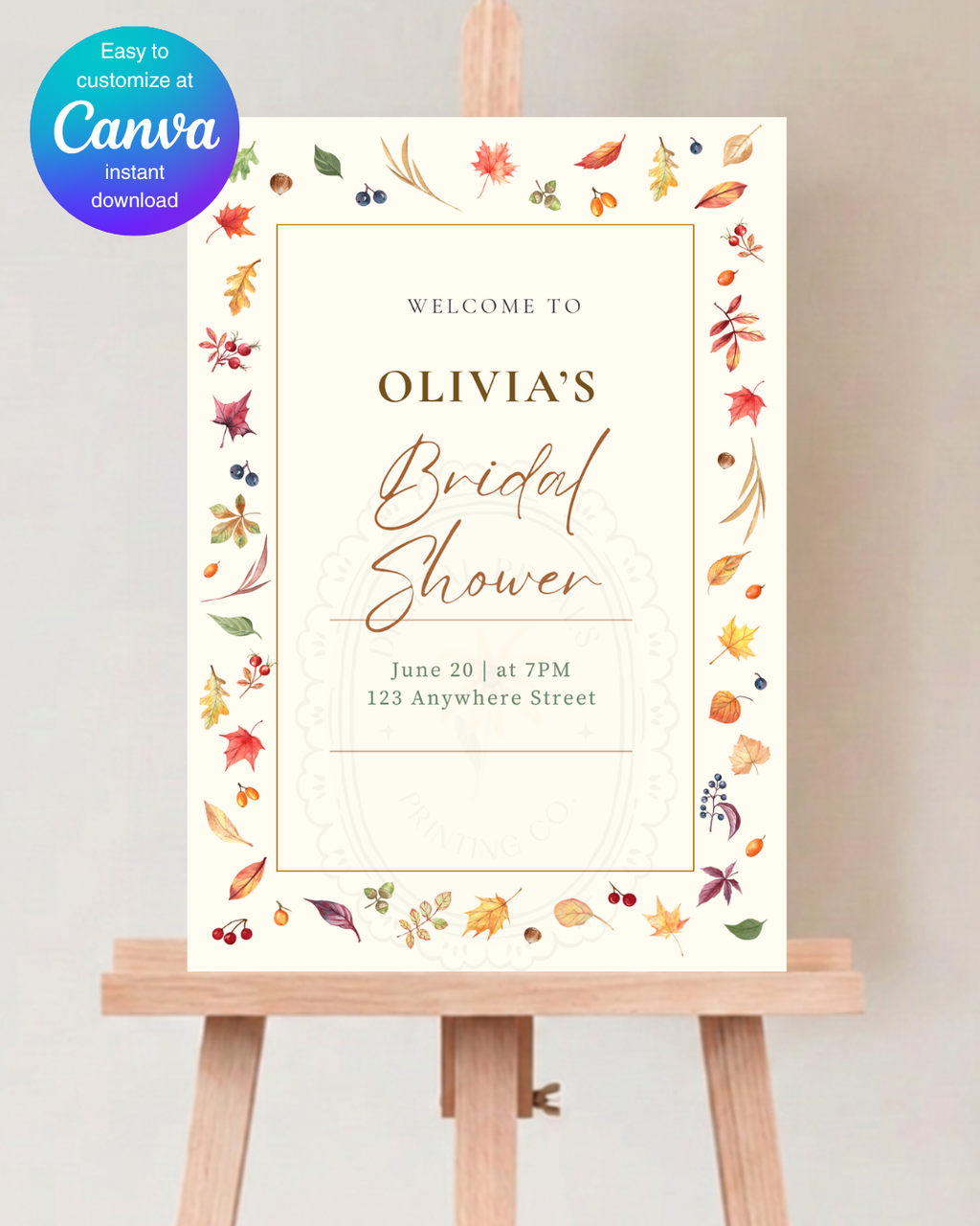 Terracotta & Cream Fall Leaves Bridal Shower Welcome Sign | Editable Canva Template | Digital Download