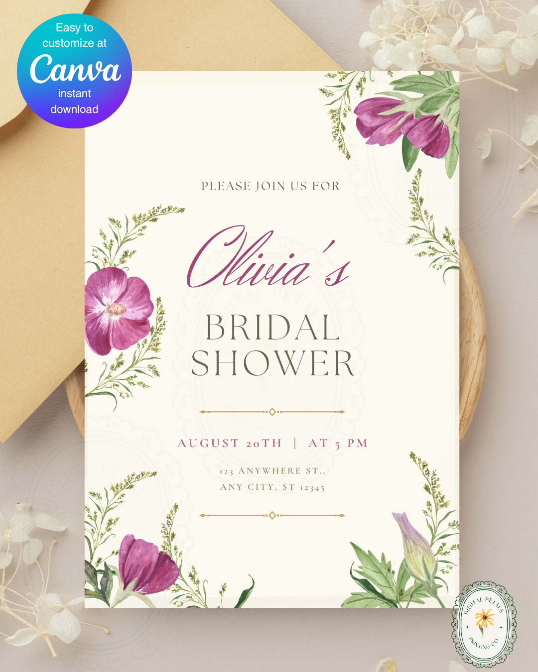 Lavender & Lilac Wildflower Bridal Shower Invitation | Minimalist Printable Invite | Digital Download