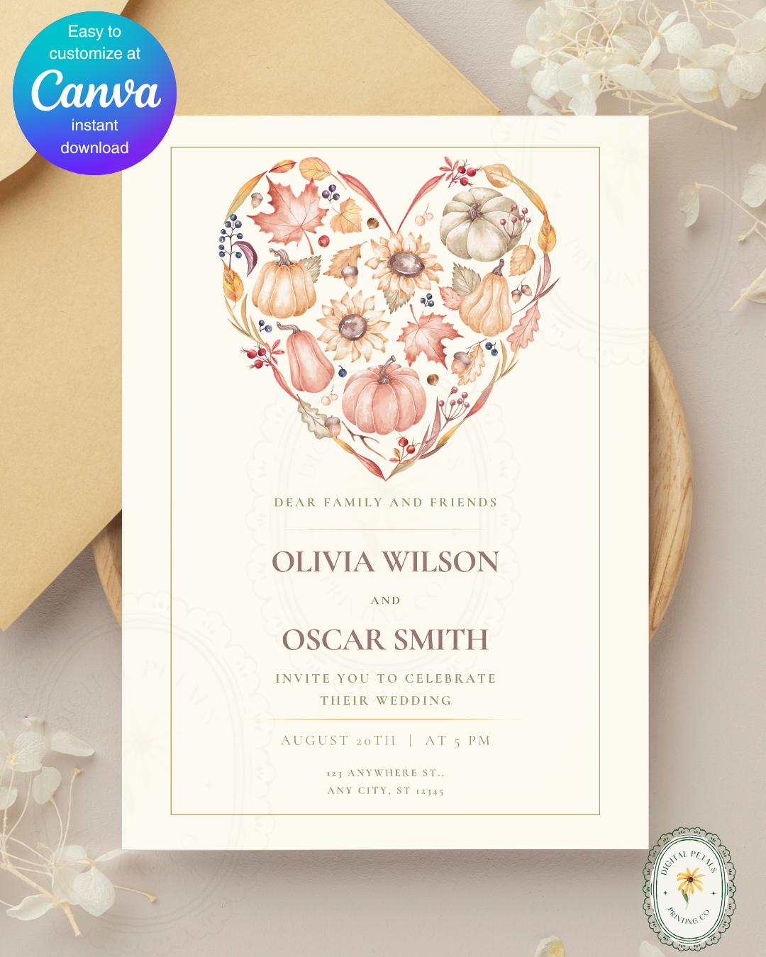 Terracotta & Rust Autumn Heart Wedding Invitation | Printable Floral Invite | Digital Download