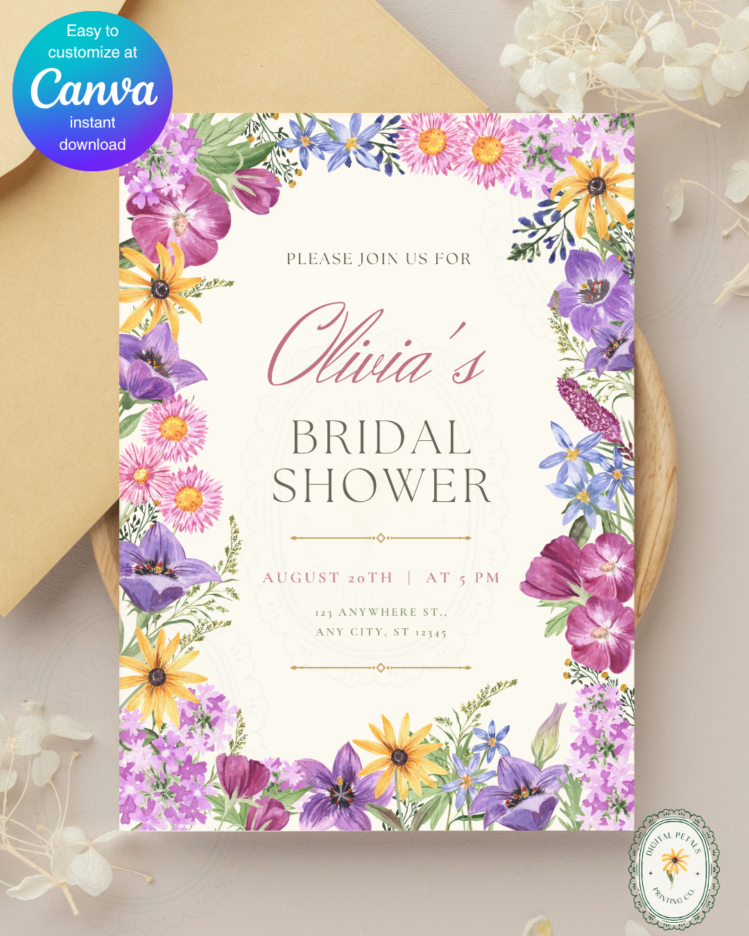 Boho Wildflower Bridal Shower Invitation | Printable Floral Invite | Digital Download