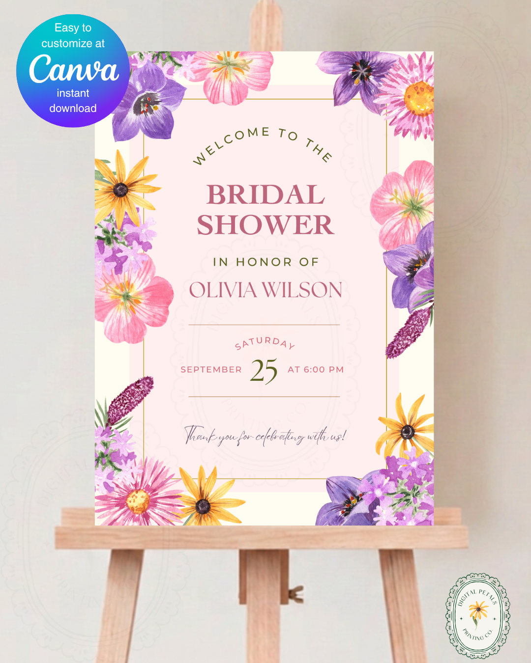 Wildflower Cottagecore Bridal Shower Welcome Sign | Editable Canva Template, Floral Botanical Spring
